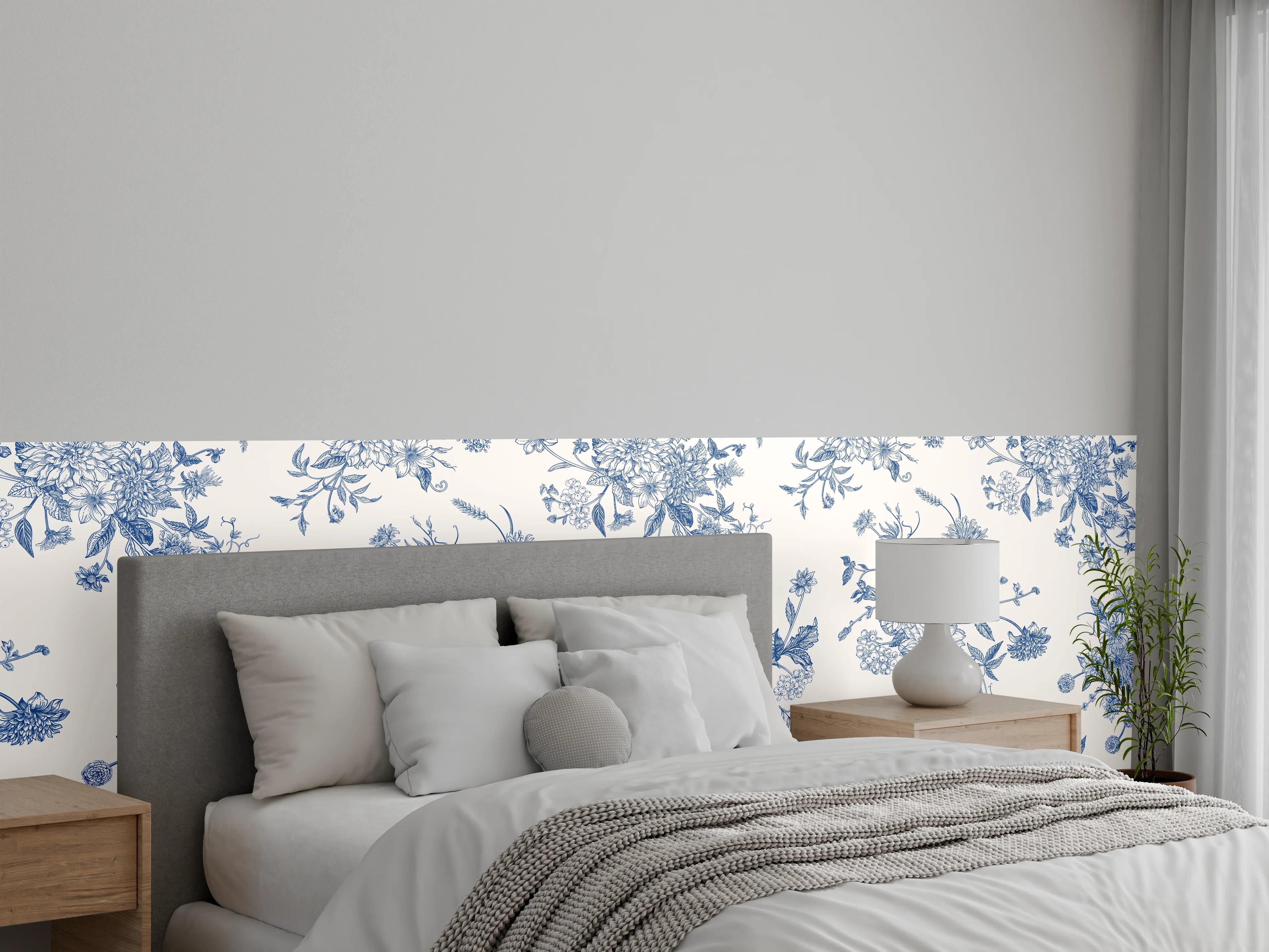 Wandverkleidung Schlafzimmer - Vintage-Blumenmuster Blau-Weiß