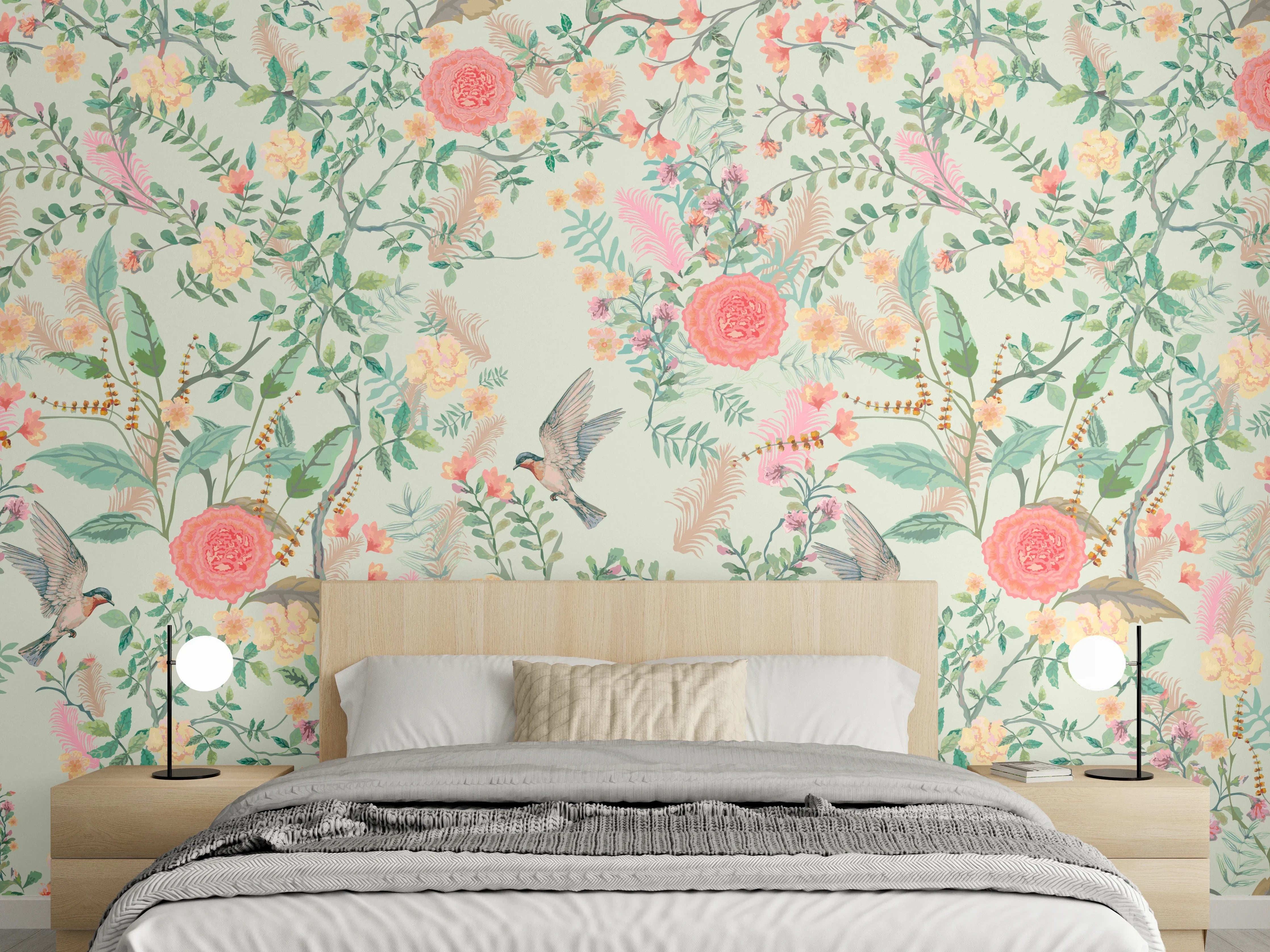 Wandverkleidung Schlafzimmer - Vintage-Blumenmuster Grün-Rosa