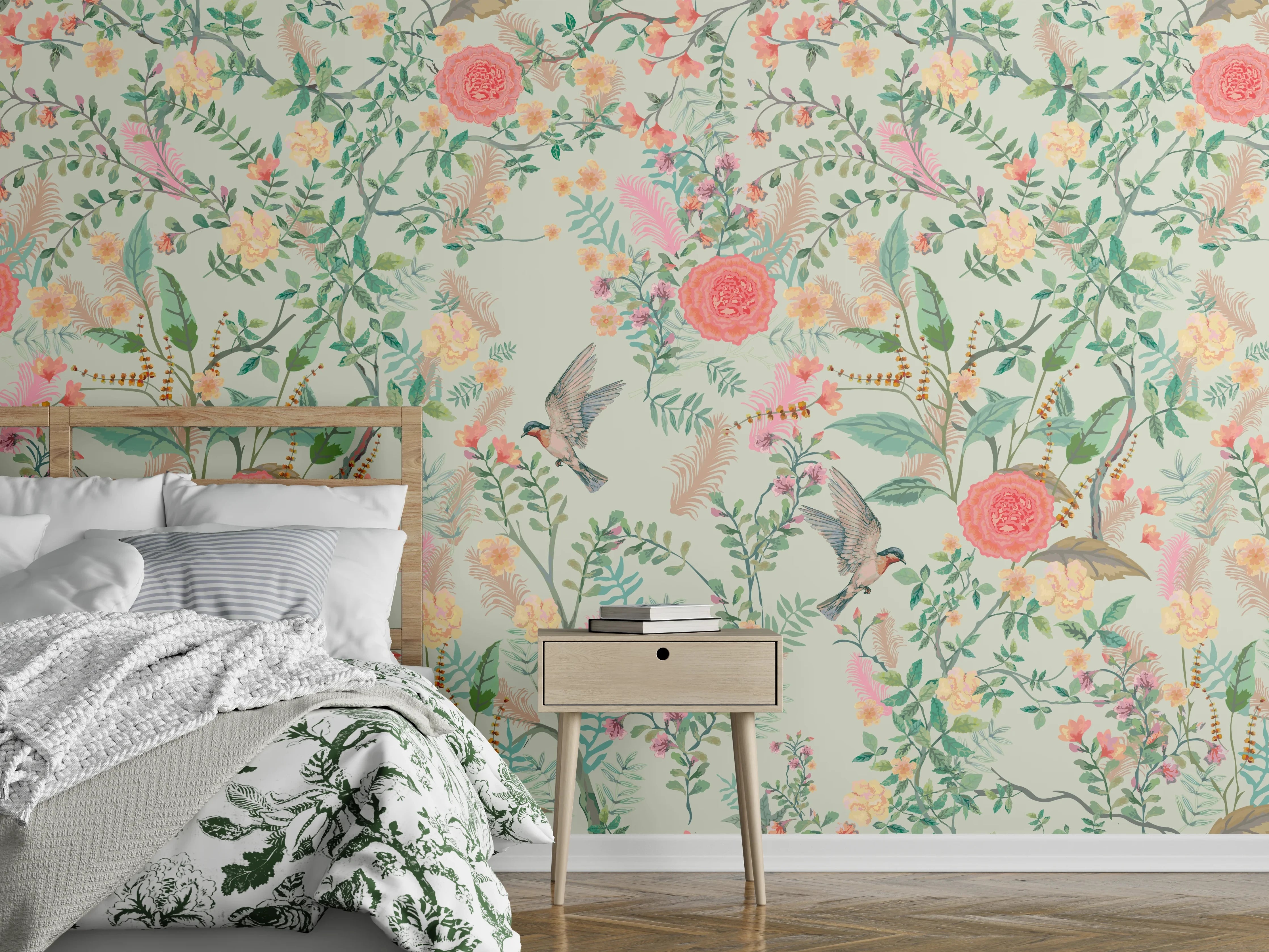 Wandverkleidung Schlafzimmer - Vintage-Blumenmuster Grün-Rosa