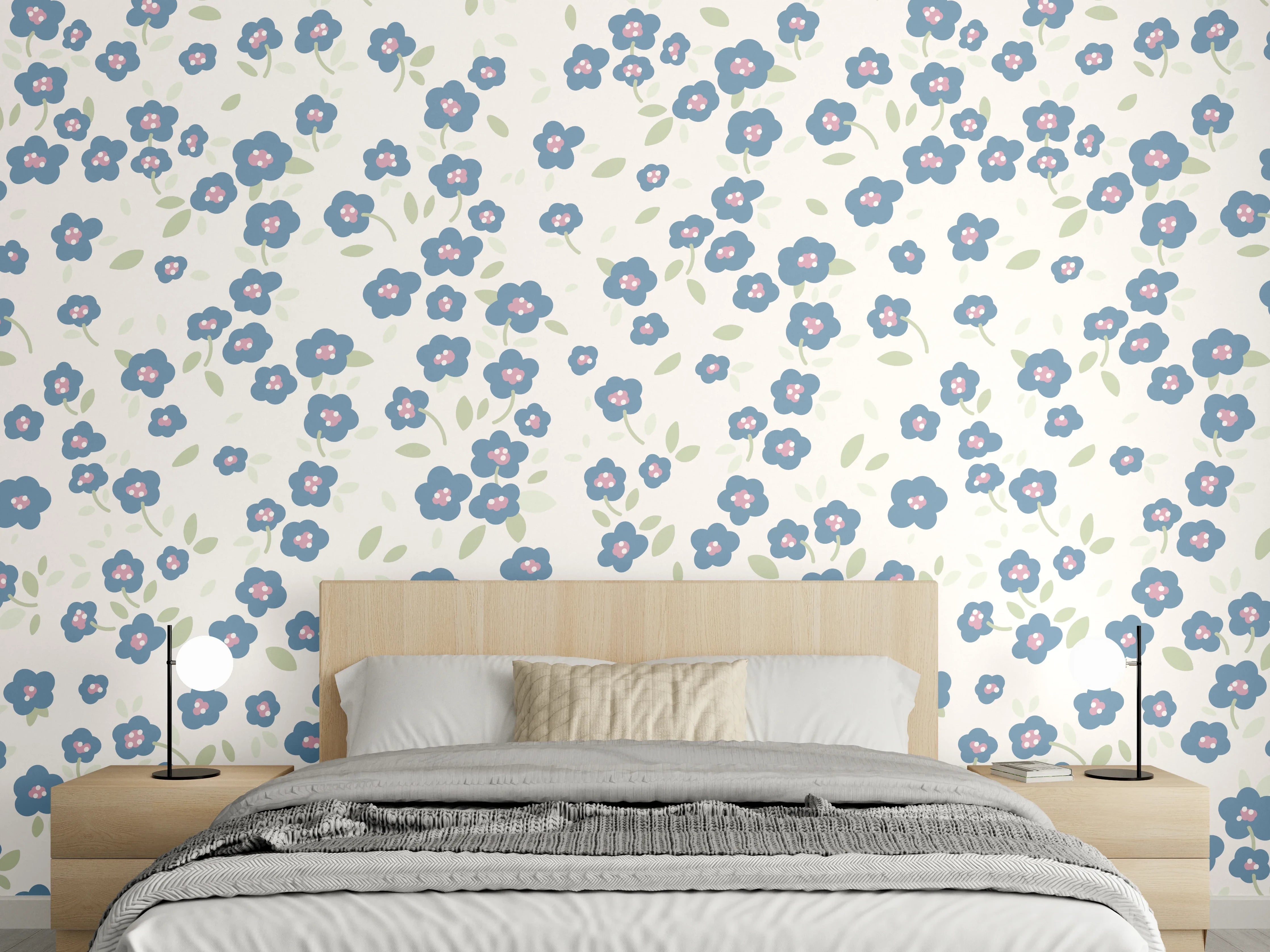 Wandverkleidung Schlafzimmer - Vintage Ditsy Blumen Blau-Beige