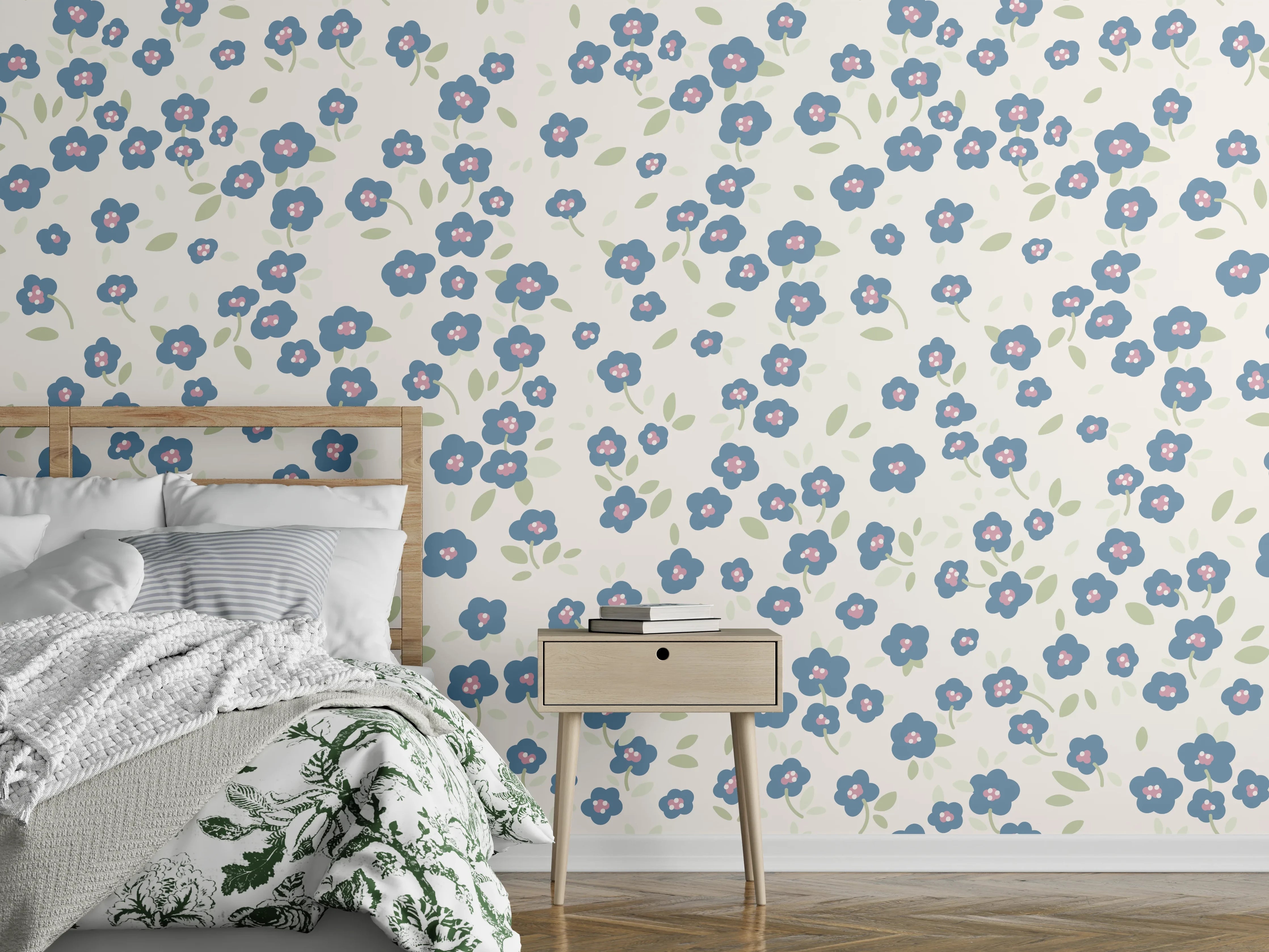 Wandverkleidung Schlafzimmer - Vintage Ditsy Blumen Blau-Beige