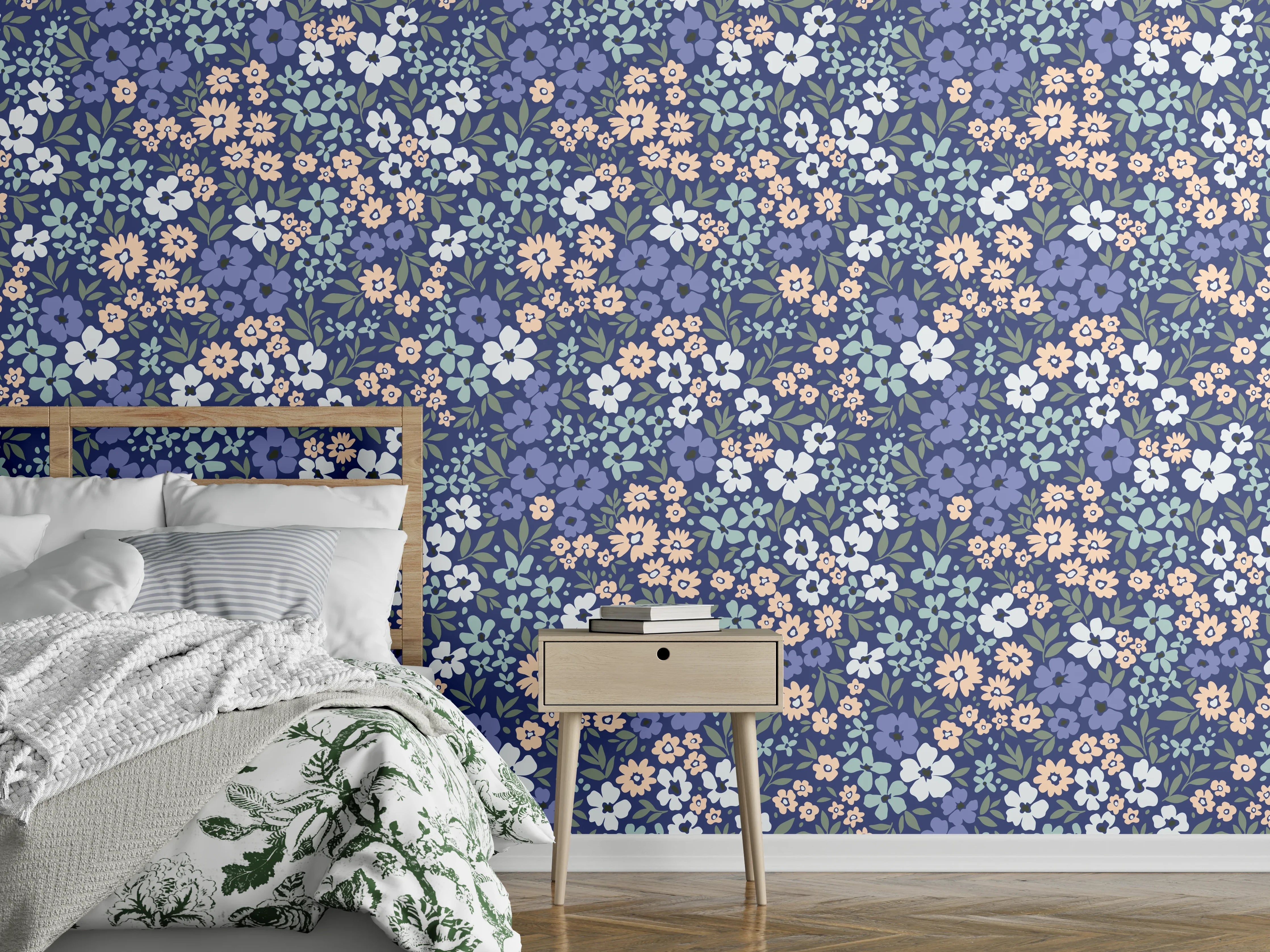 Wandverkleidung Schlafzimmer - Vintage Ditsy Blumenmuster Blau