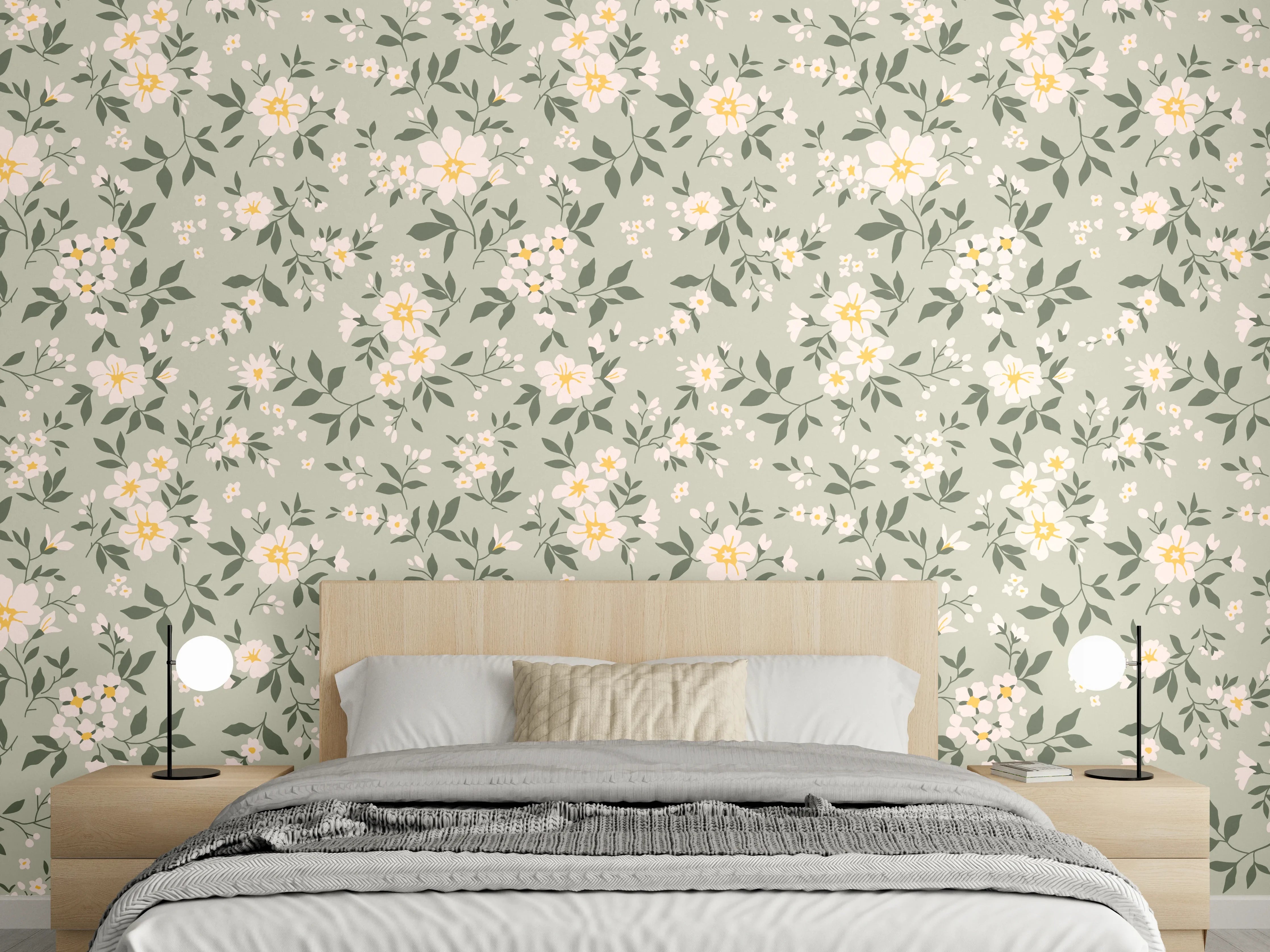 Wandverkleidung Schlafzimmer - Vintage Ditsy Blumenmuster Grün-Beige