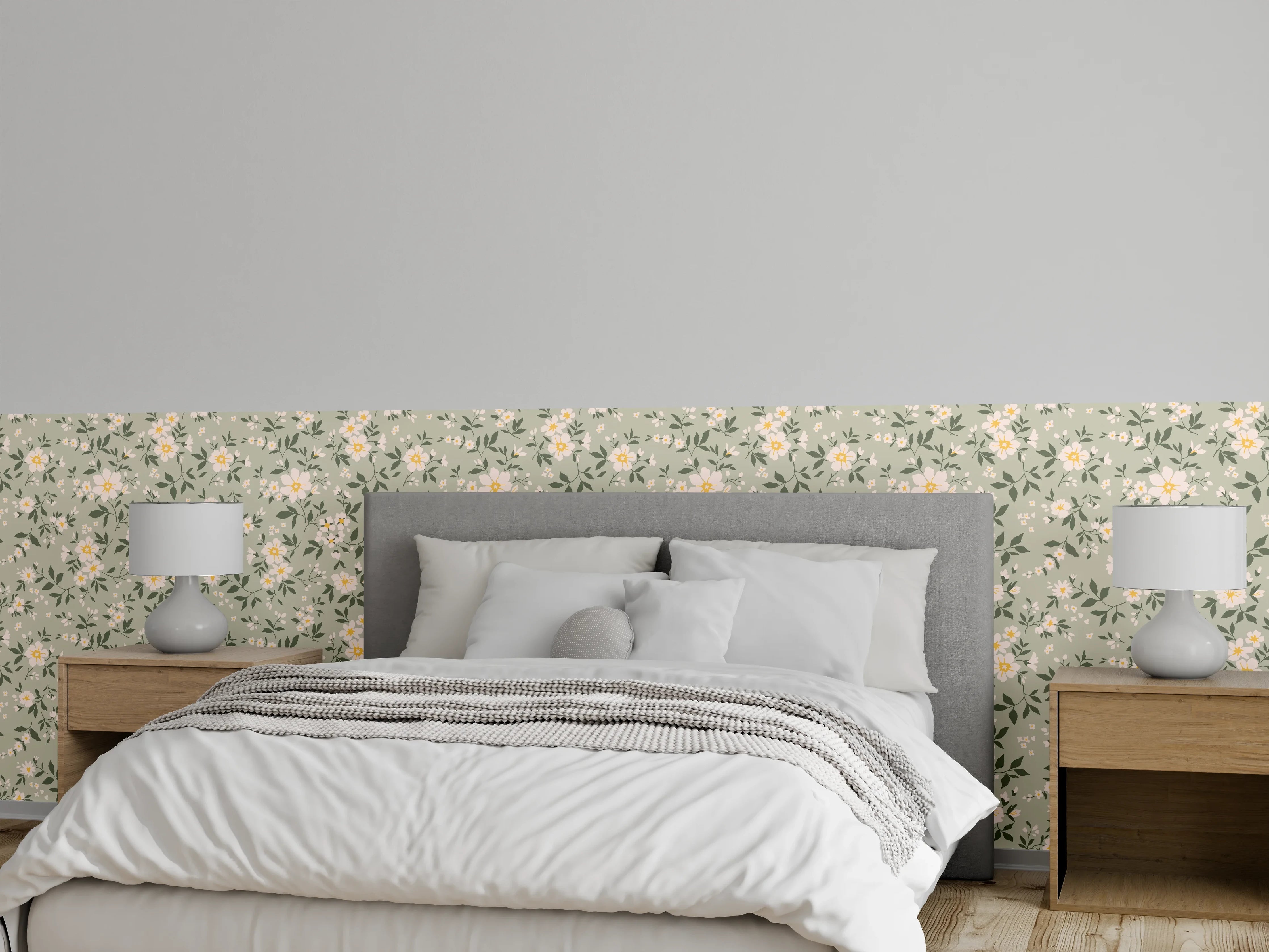 Wandverkleidung Schlafzimmer - Vintage Ditsy Blumenmuster Grün-Beige