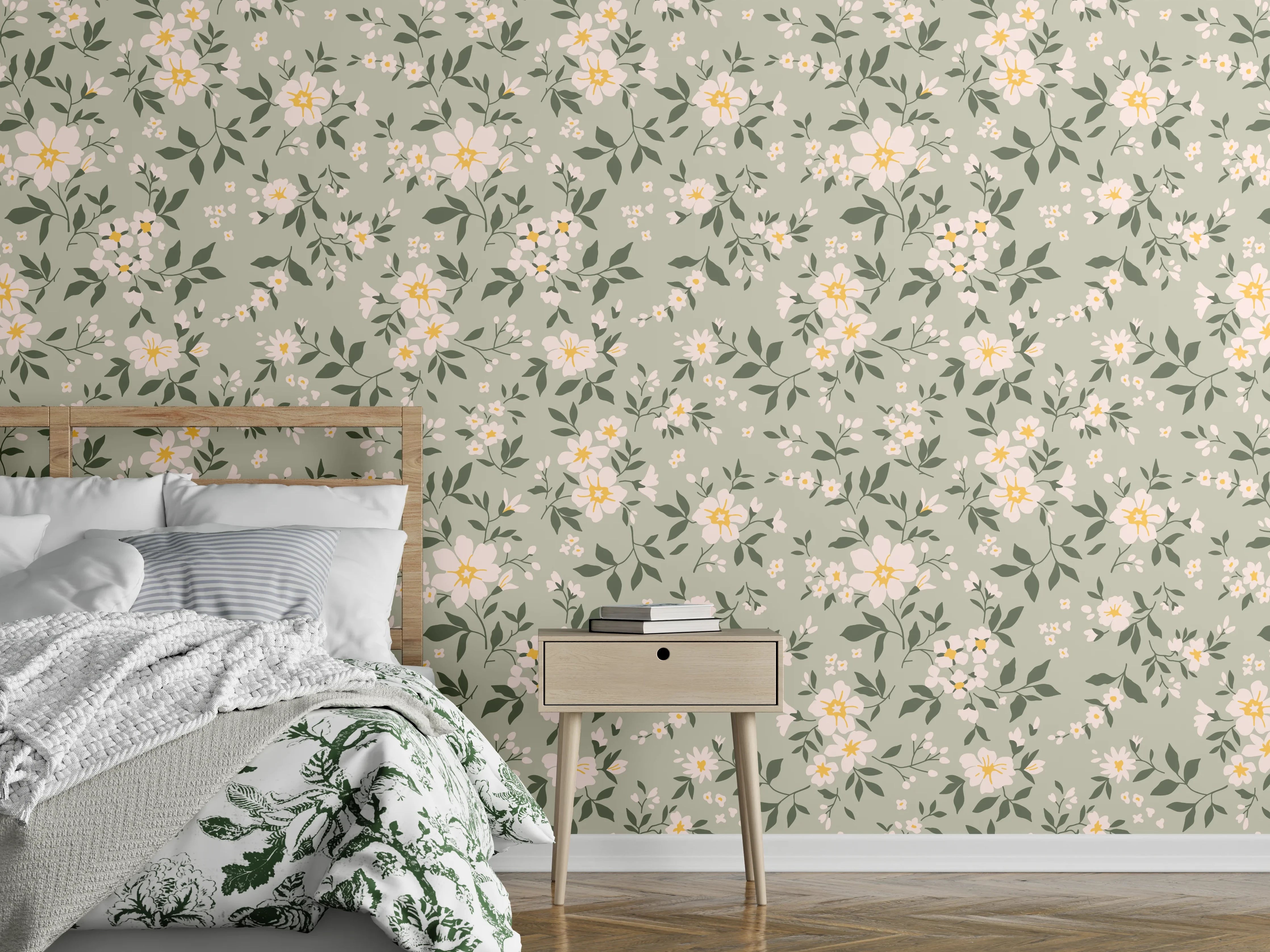 Wandverkleidung Schlafzimmer - Vintage Ditsy Blumenmuster Grün-Beige