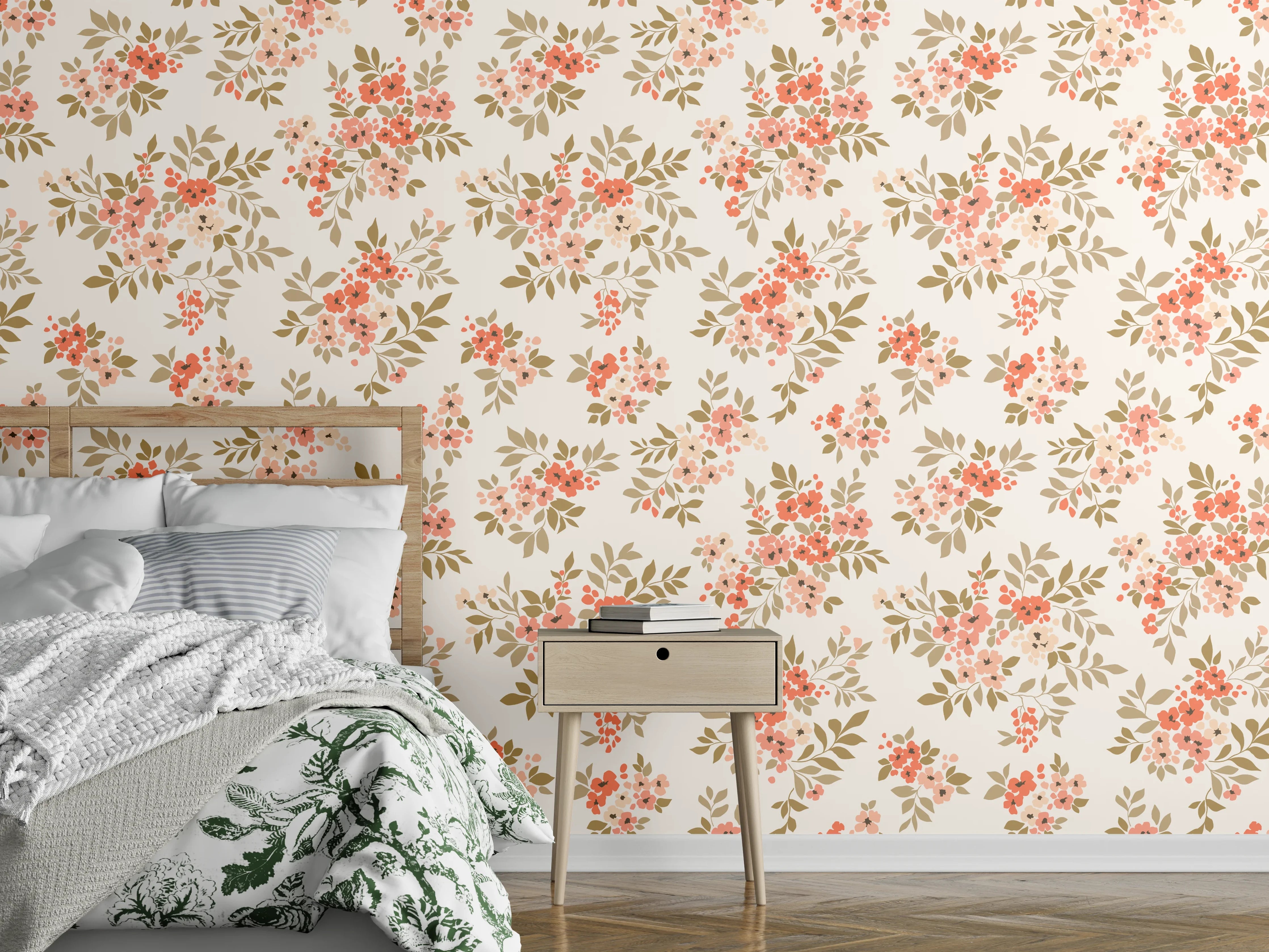Wandverkleidung Schlafzimmer - Vintage Ditsy Blumenmuster Rosa Beige