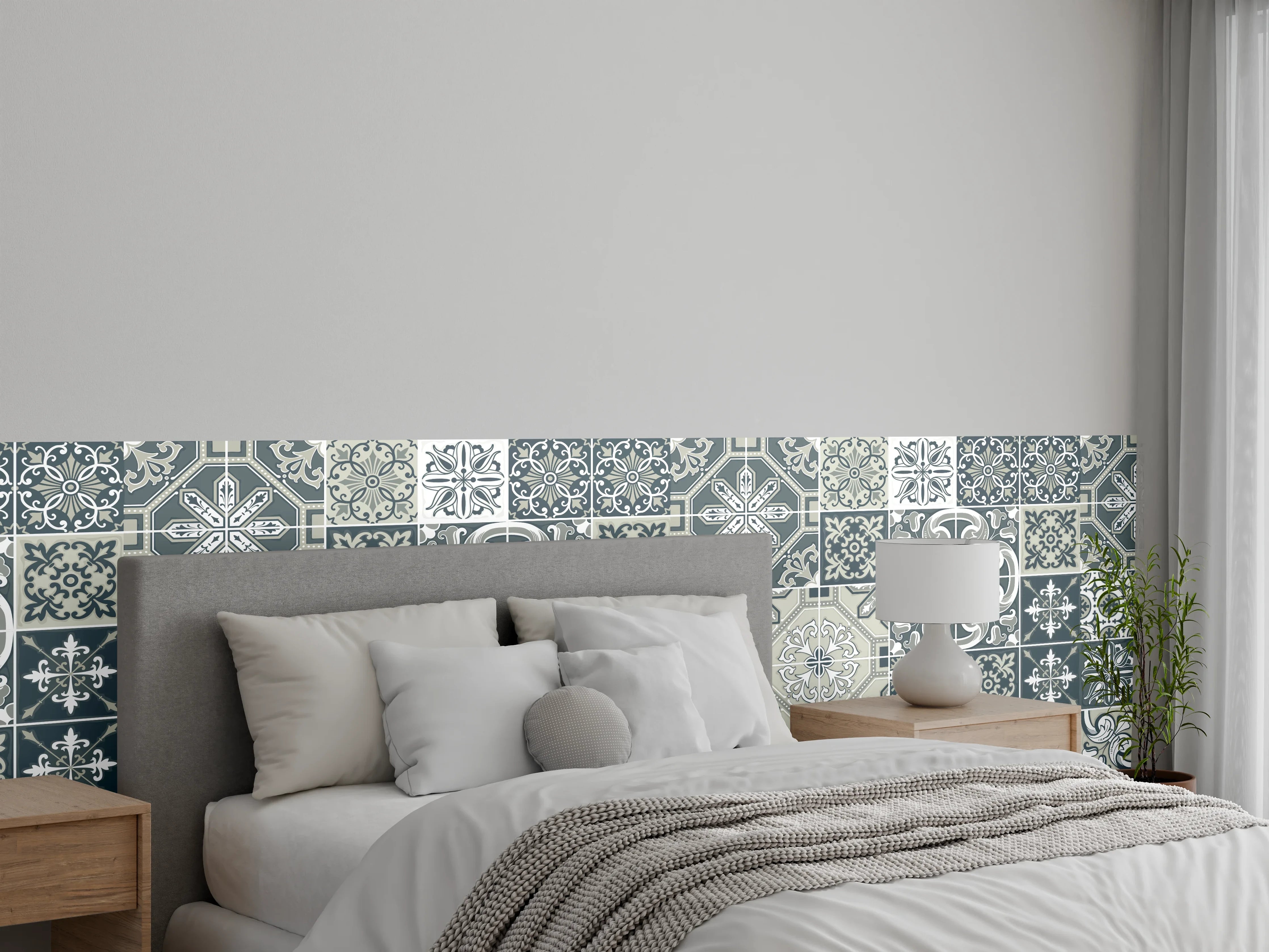 Wandverkleidung Schlafzimmer - Vintage Fliesenmuster Blau-Weiß