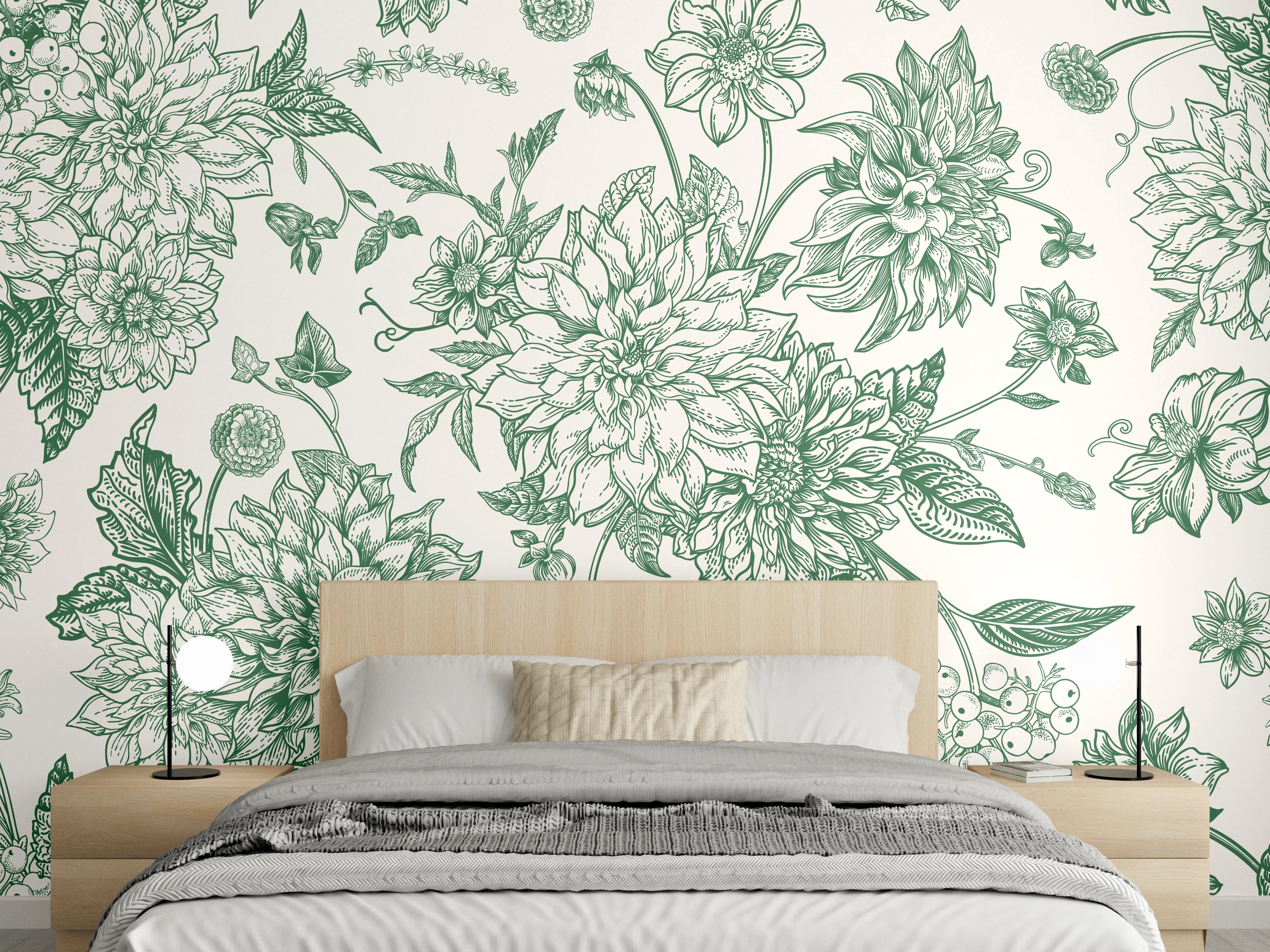 Wandverkleidung Schlafzimmer - Vintage Grün Blumen Lineart