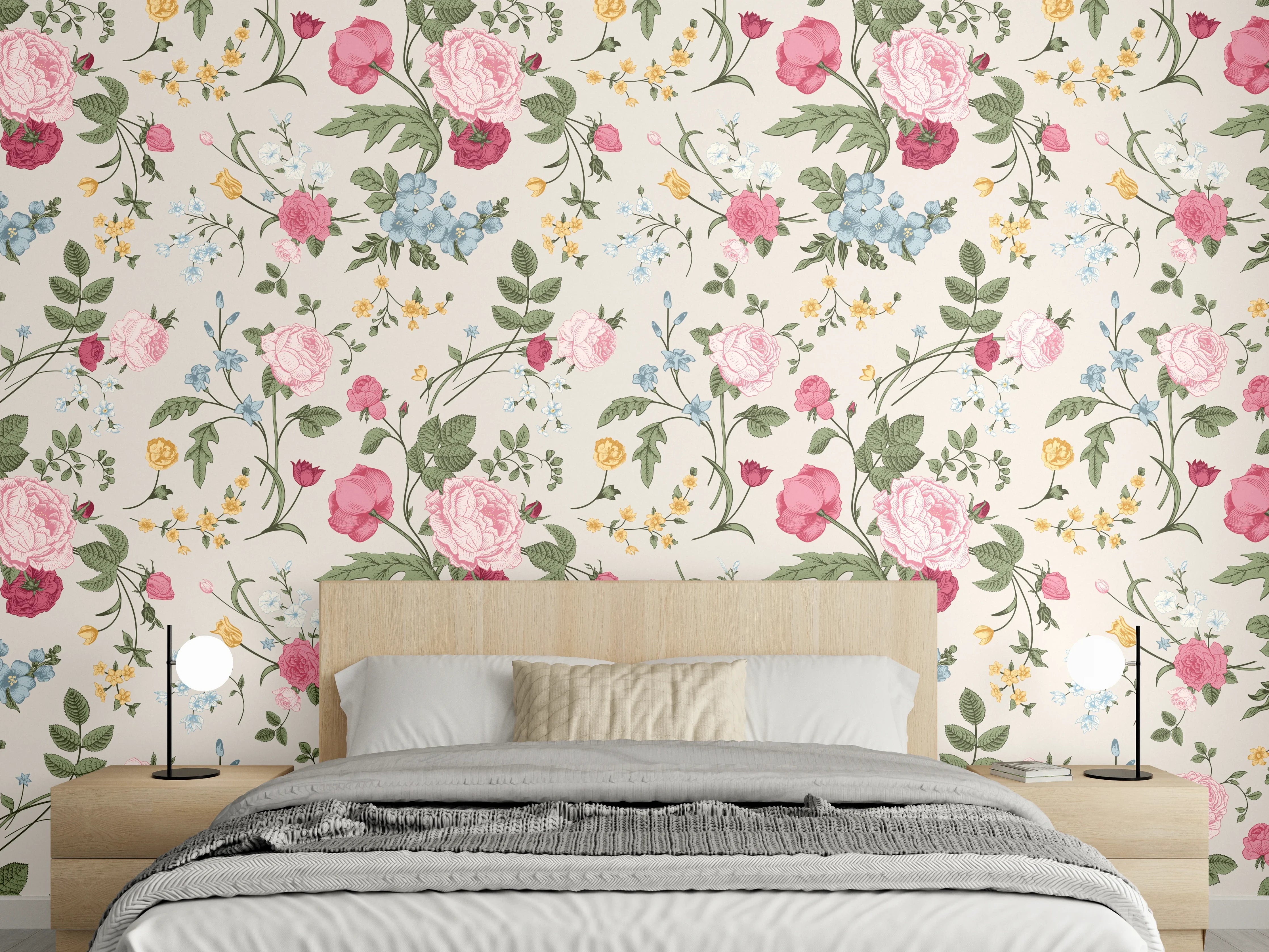 Wandverkleidung Schlafzimmer - Vintage Rosenmuster Rosa-Beige