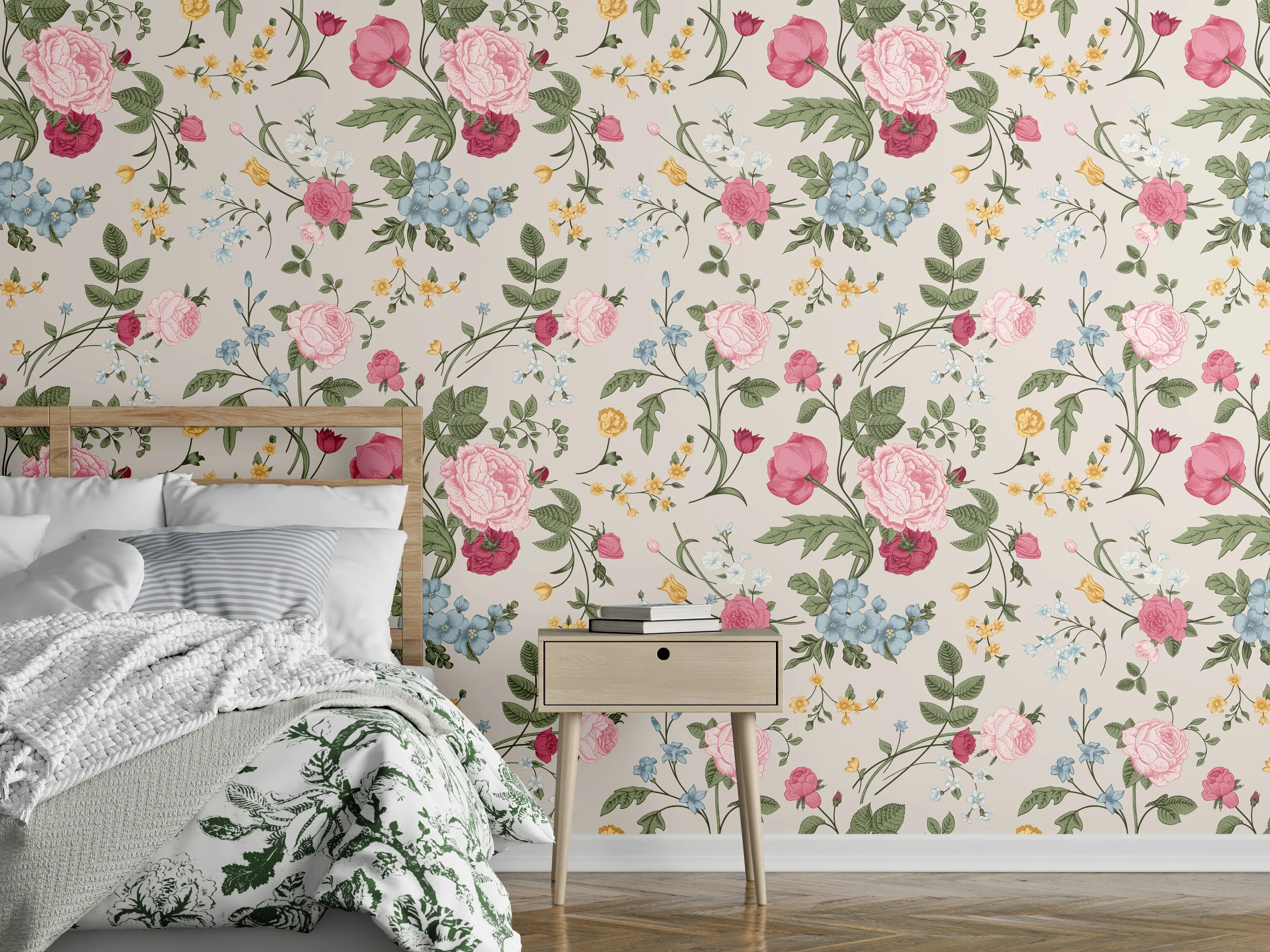 Wandverkleidung Schlafzimmer - Vintage Rosenmuster Rosa-Beige