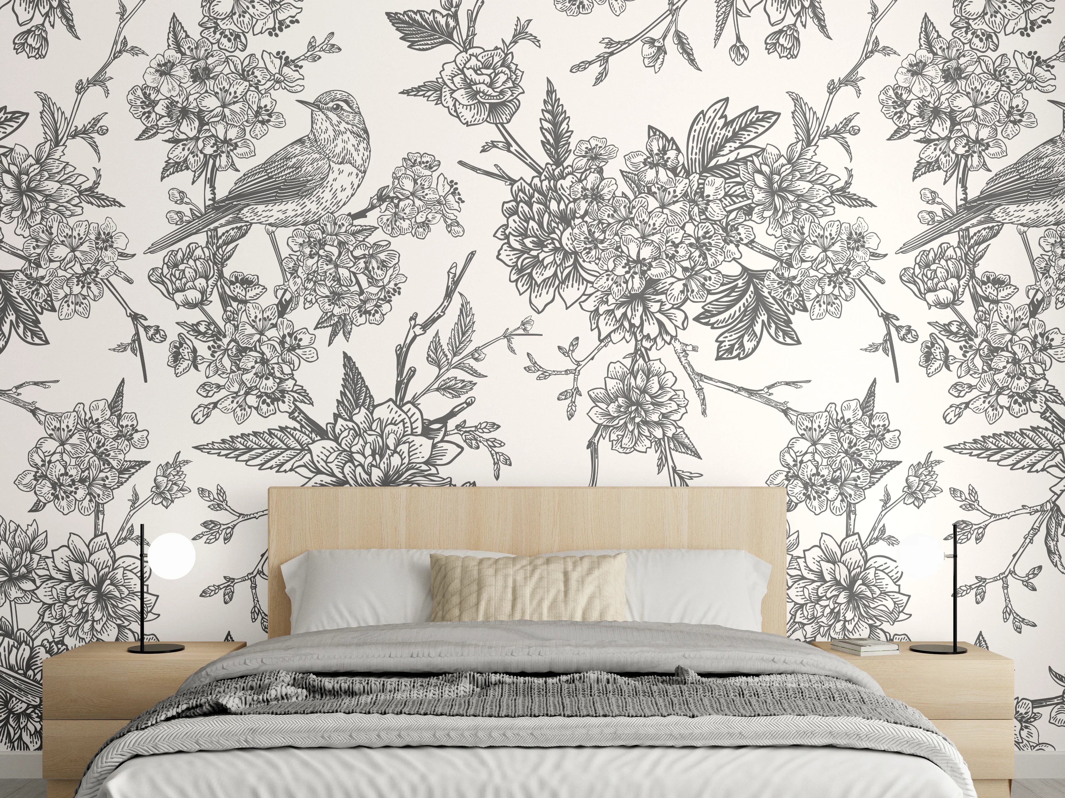 Wandverkleidung Schlafzimmer - Vintage Schwarzweiß Blumenmuster