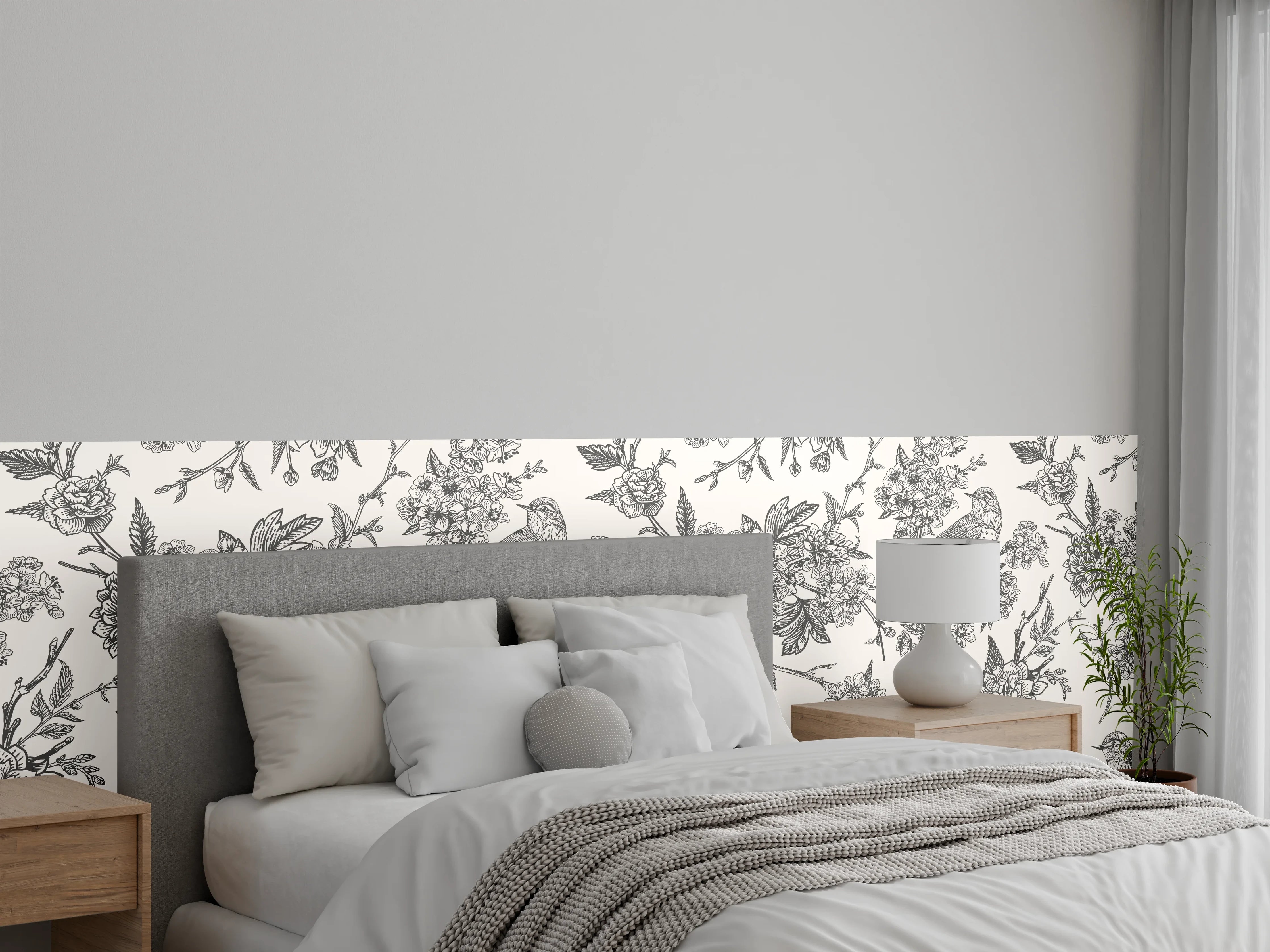 Wandverkleidung Schlafzimmer - Vintage Schwarzweiß Blumenmuster