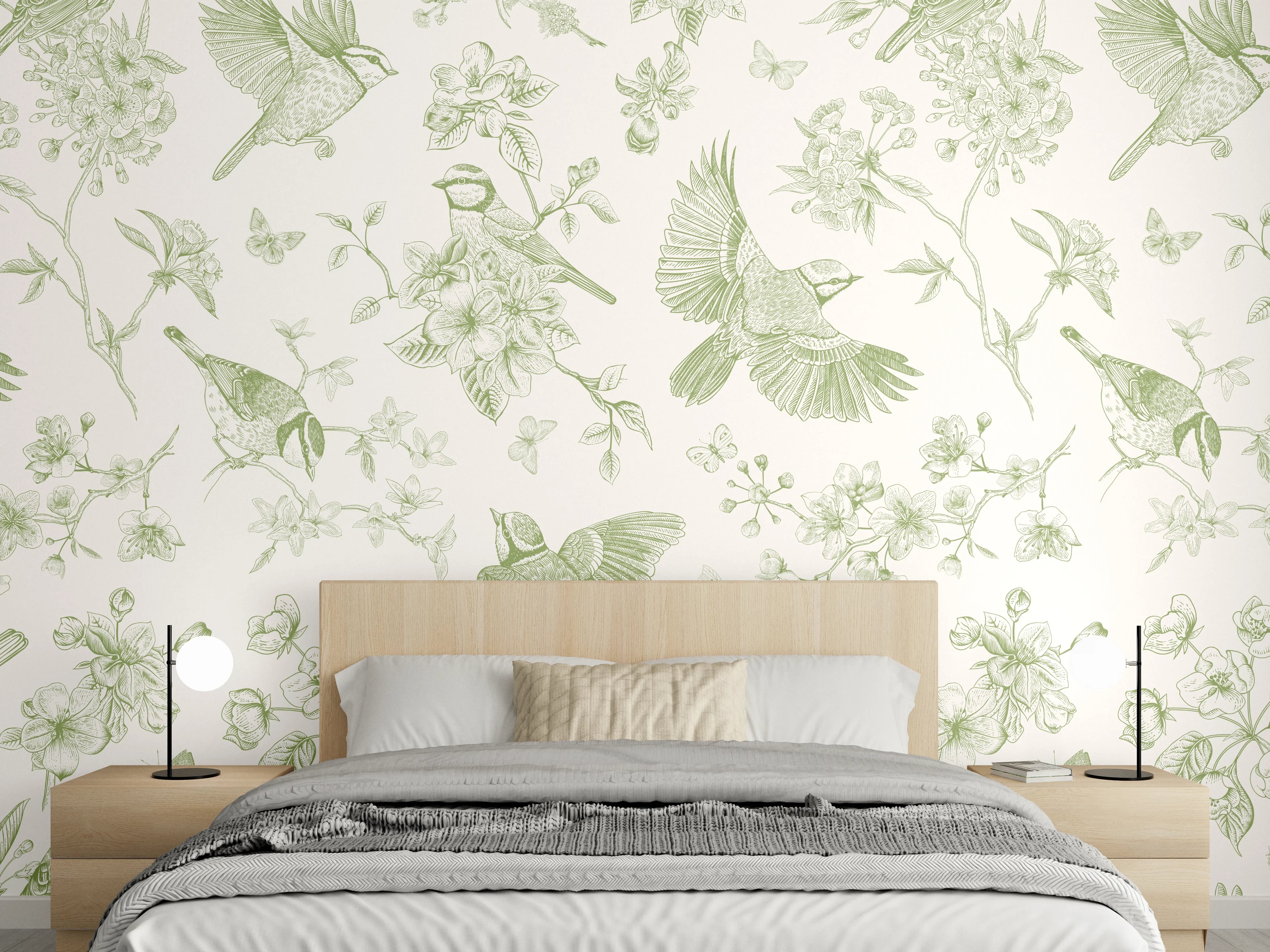 Wandverkleidung Schlafzimmer - Vintage Vogelgarten Grün-Beige