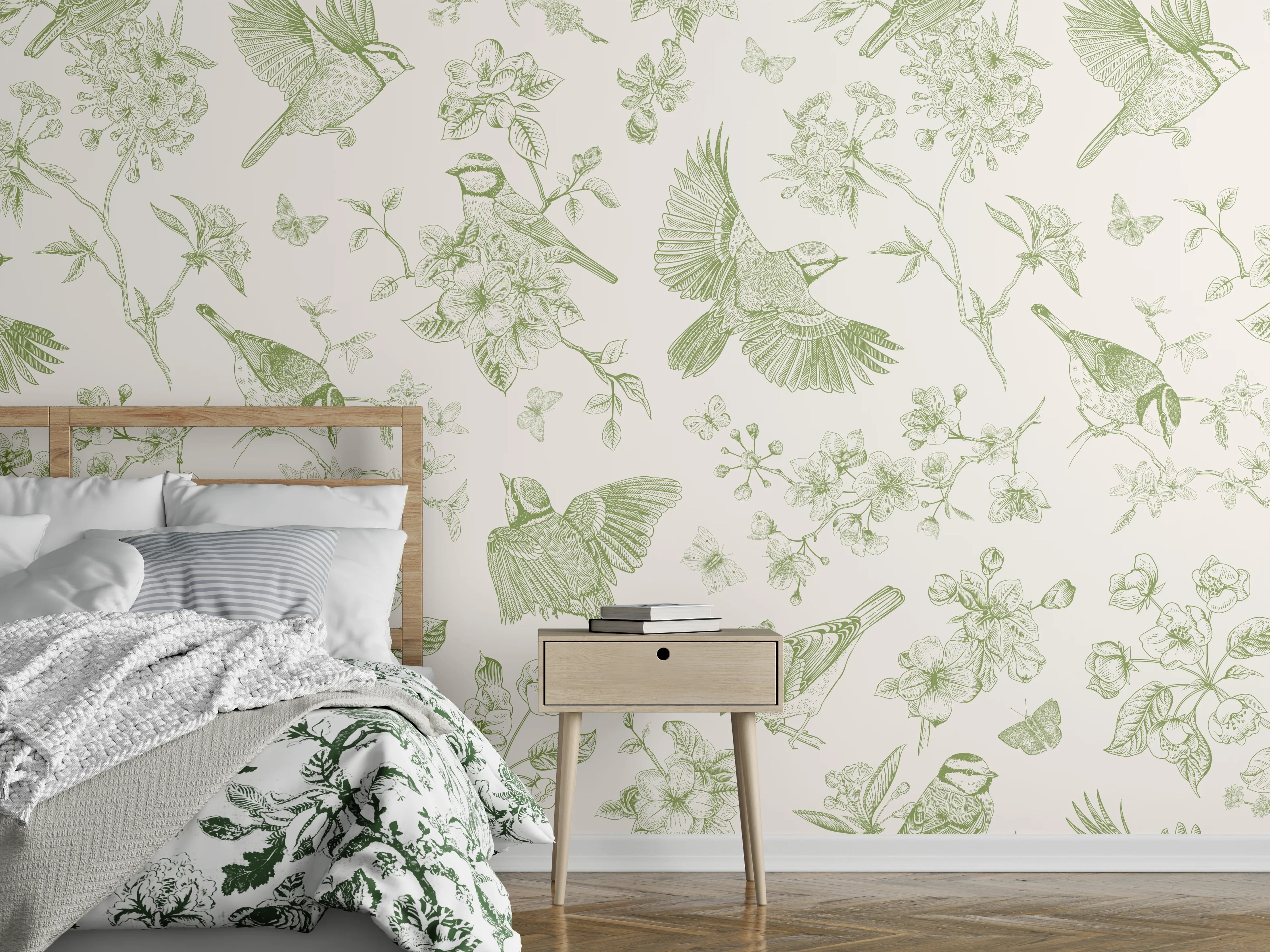 Wandverkleidung Schlafzimmer - Vintage Vogelgarten Grün-Beige