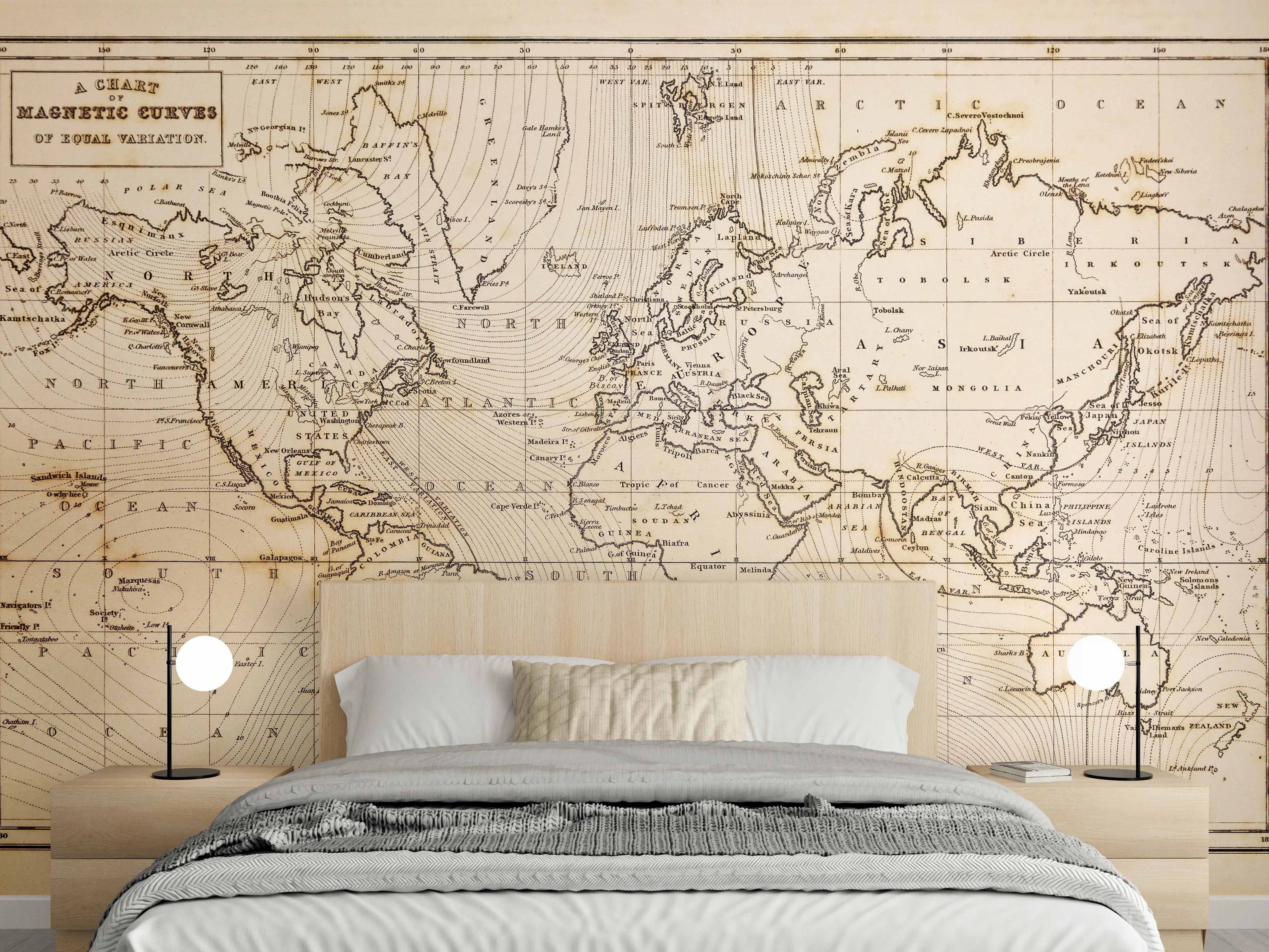 Wandverkleidung Schlafzimmer - Vintage Weltkarte Magnetische Linien Braun