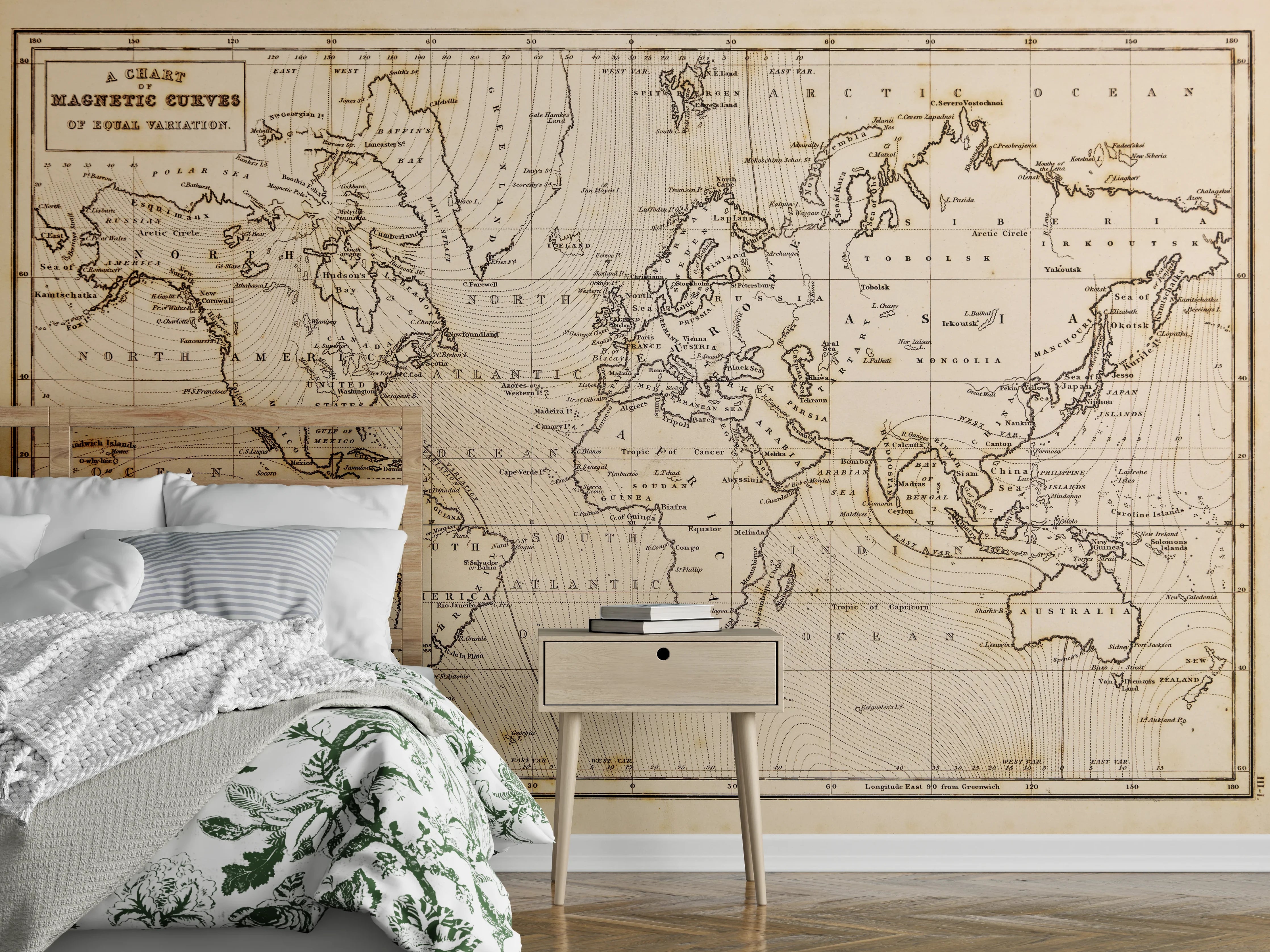 Wandverkleidung Schlafzimmer - Vintage Weltkarte Magnetische Linien Braun