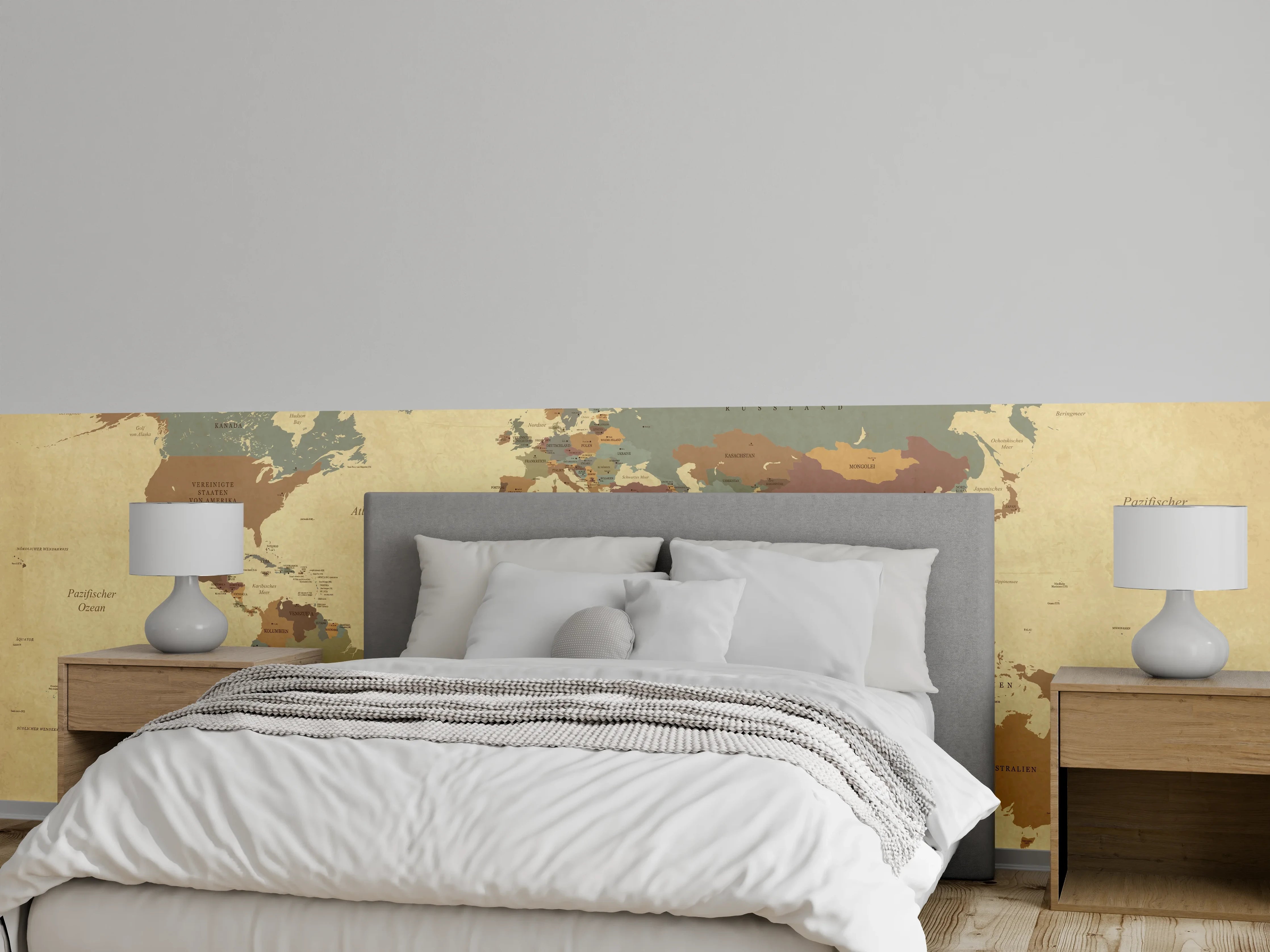 Wandverkleidung Schlafzimmer - Vintage Weltkarte Textur Beige