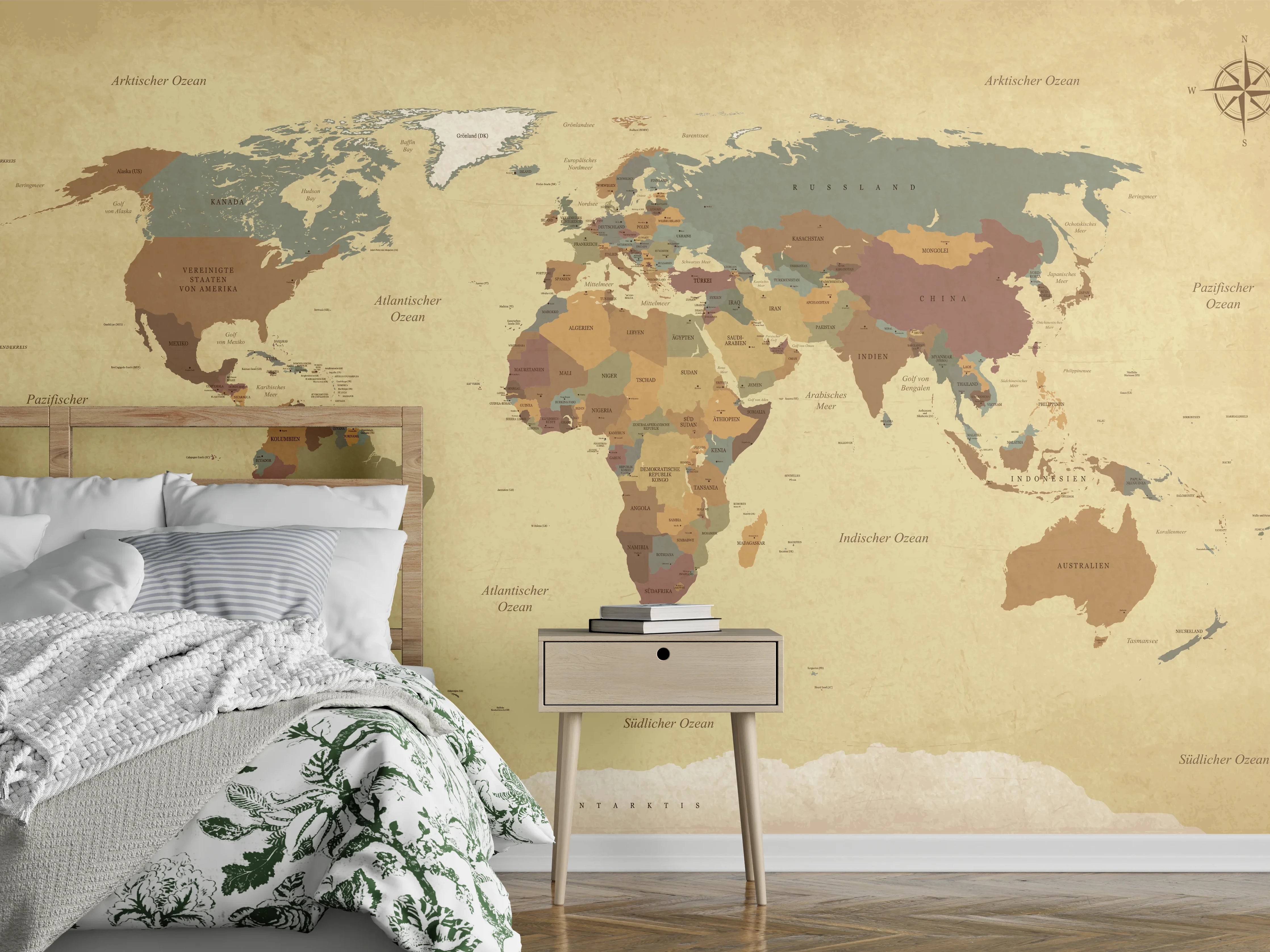 Wandverkleidung Schlafzimmer - Vintage Weltkarte Textur Beige