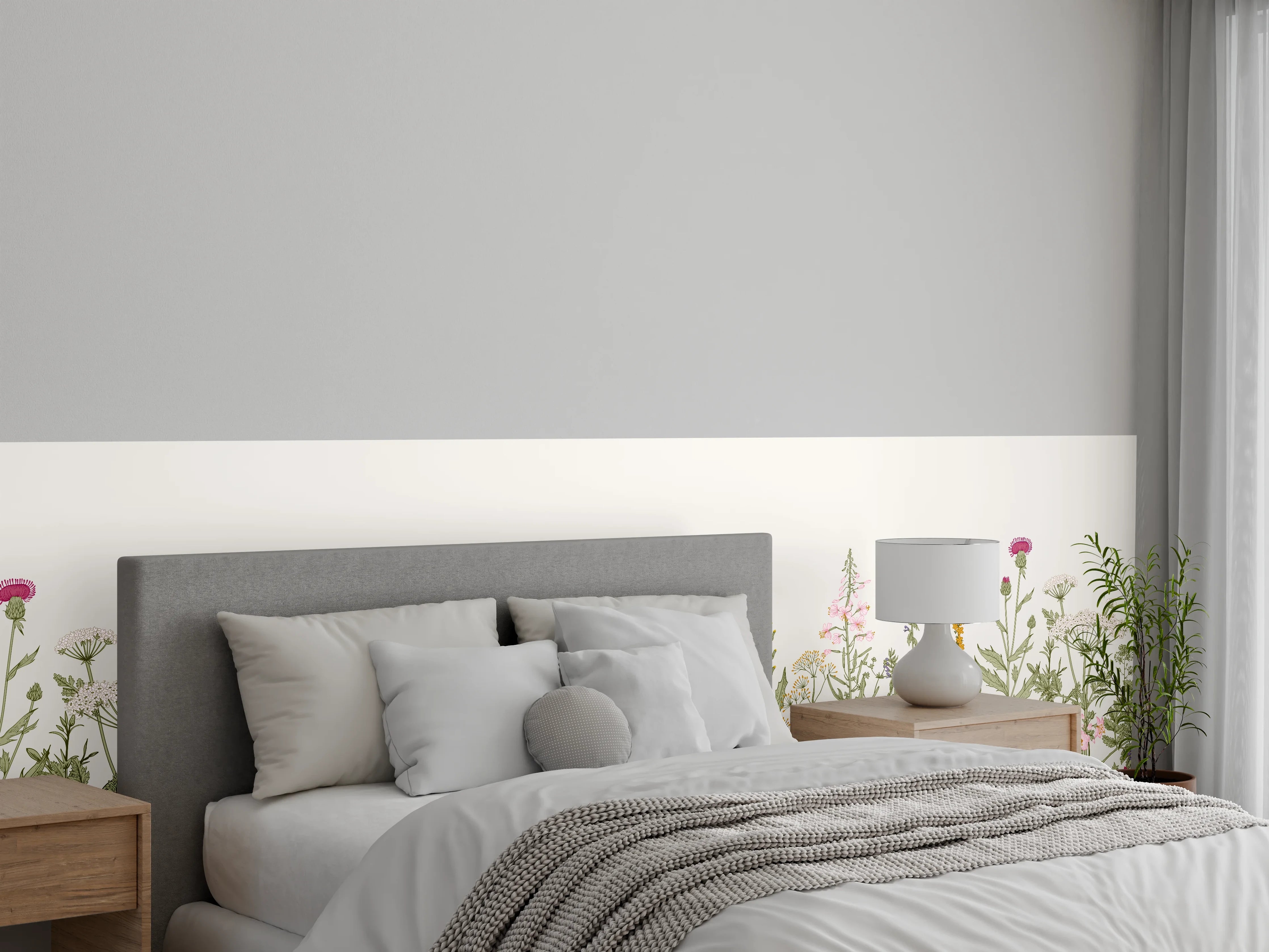 Wandverkleidung Schlafzimmer - Vintage Wiesenblumen Bordüre Beige-Grün