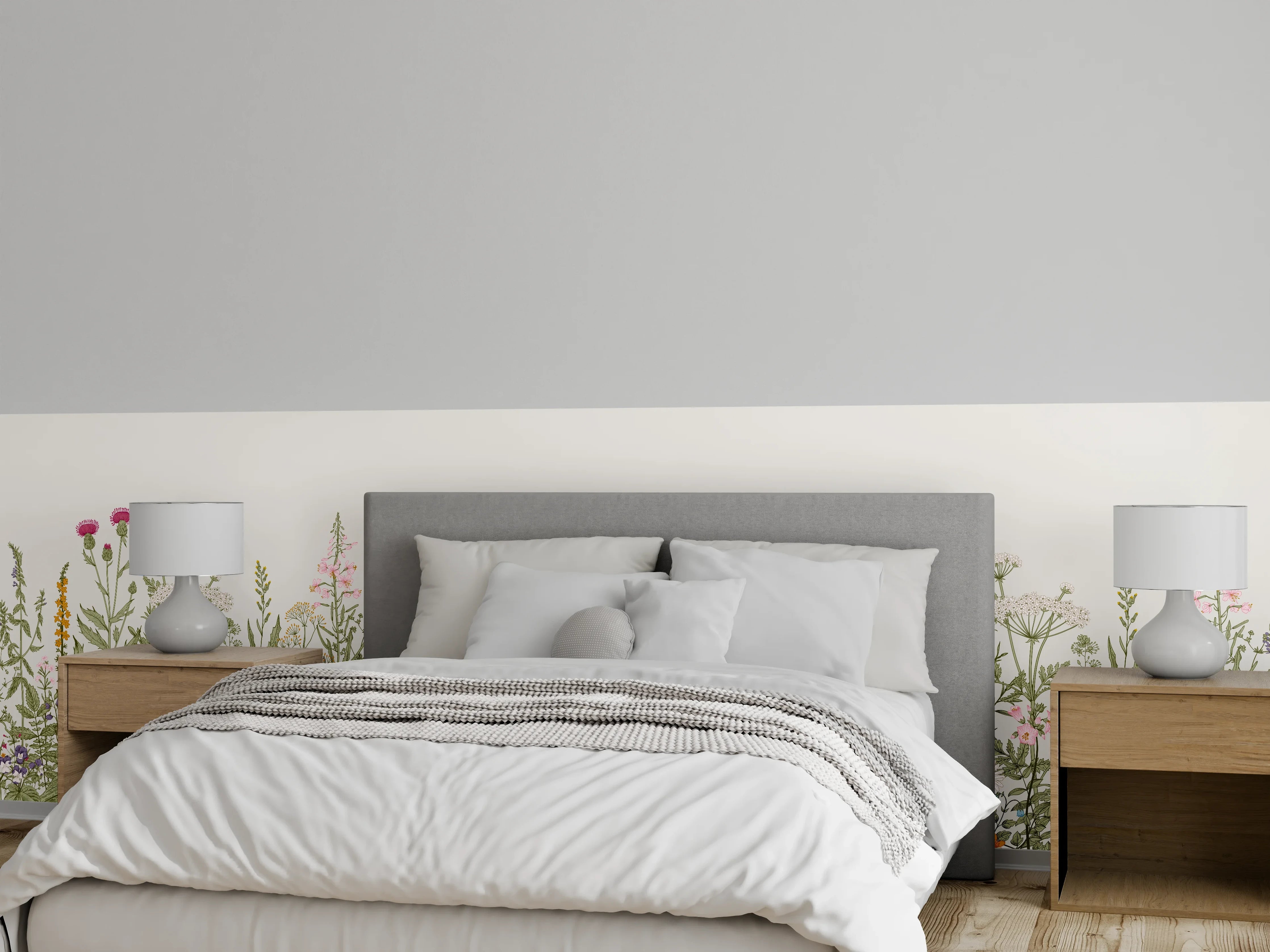Wandverkleidung Schlafzimmer - Vintage Wiesenblumen Bordüre Beige-Grün
