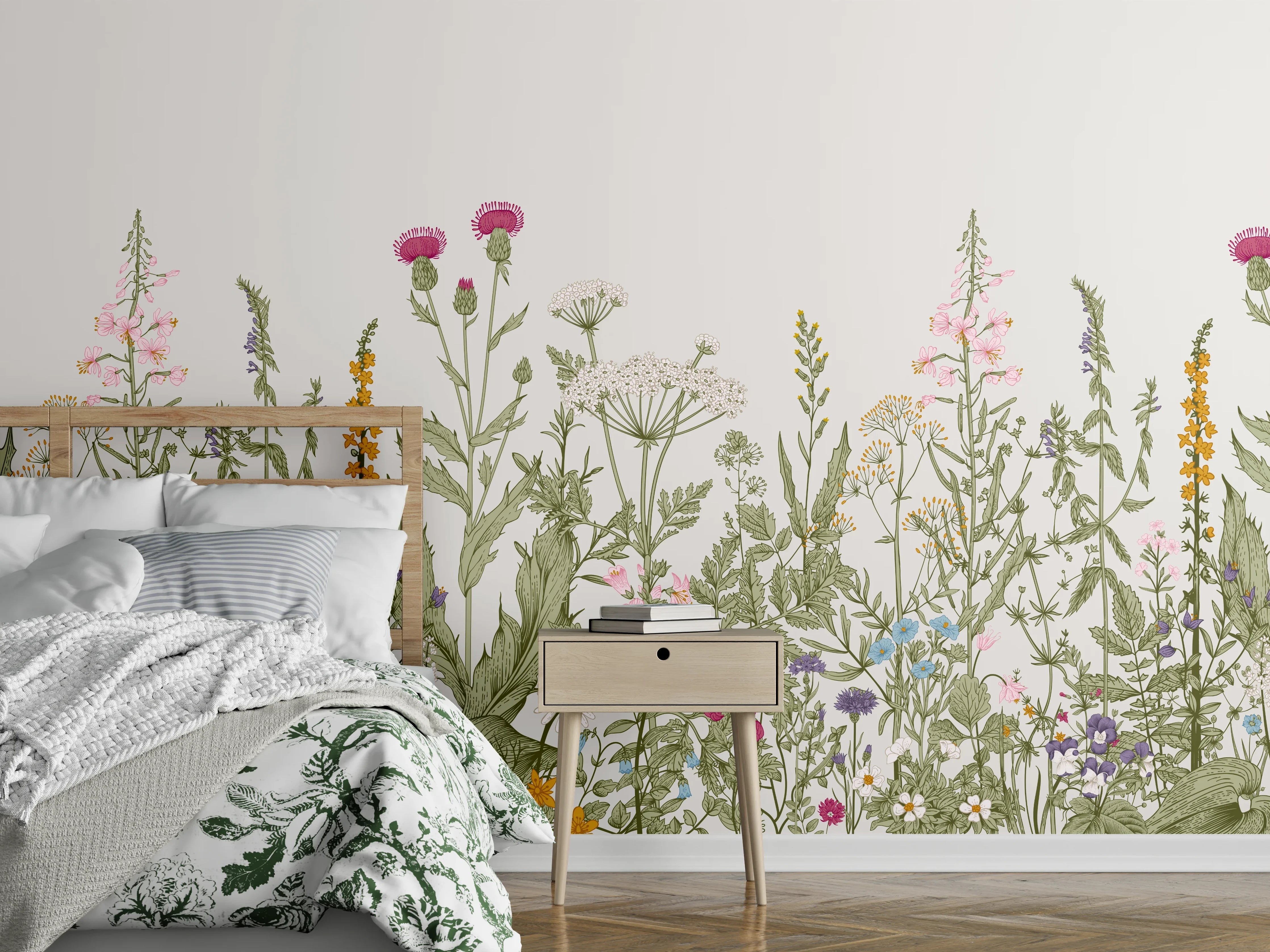 Wandverkleidung Schlafzimmer - Vintage Wiesenblumen Bordüre Beige-Grün