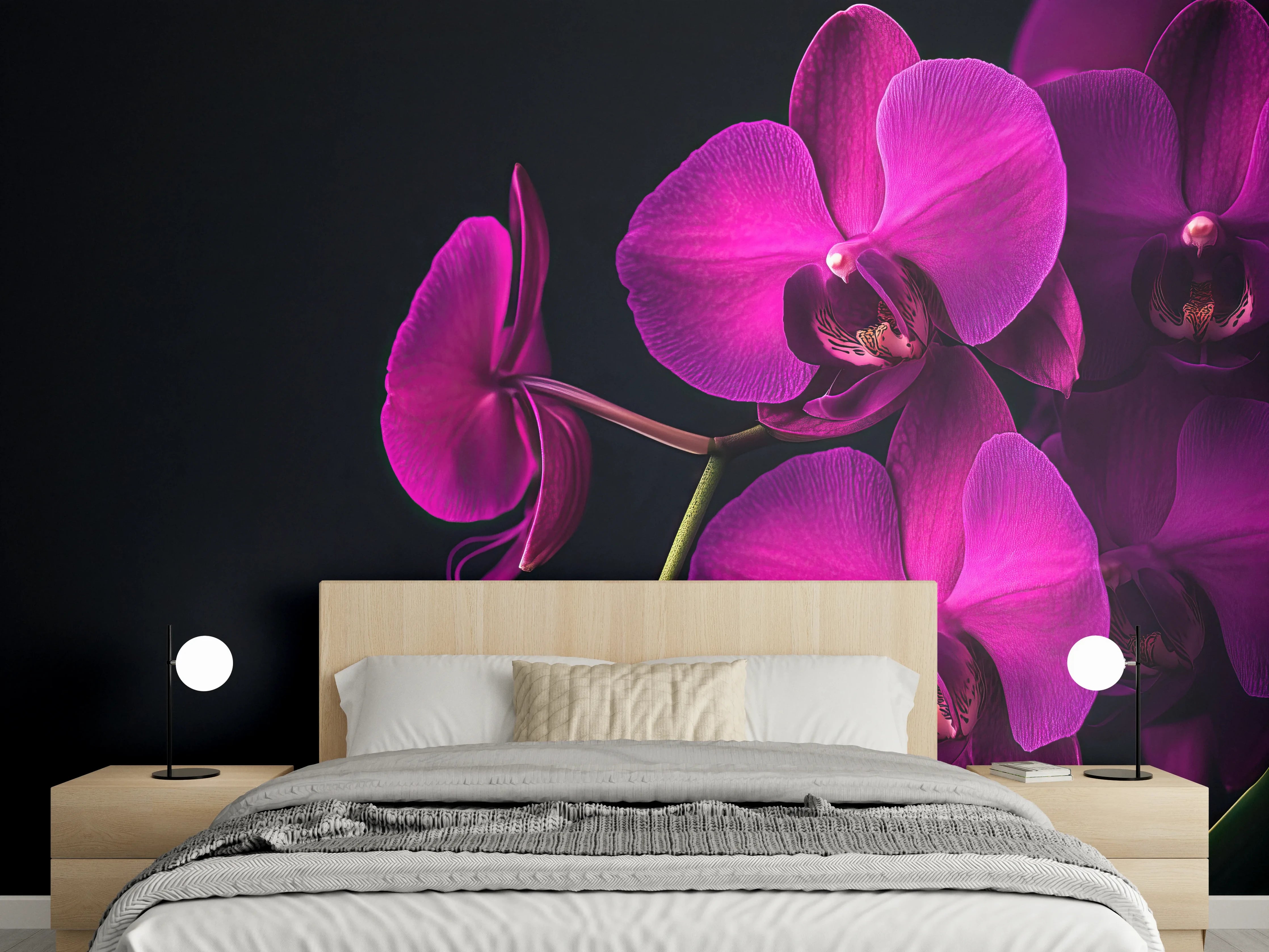 Wandverkleidung Schlafzimmer - Violette Orchideen auf Schwarz