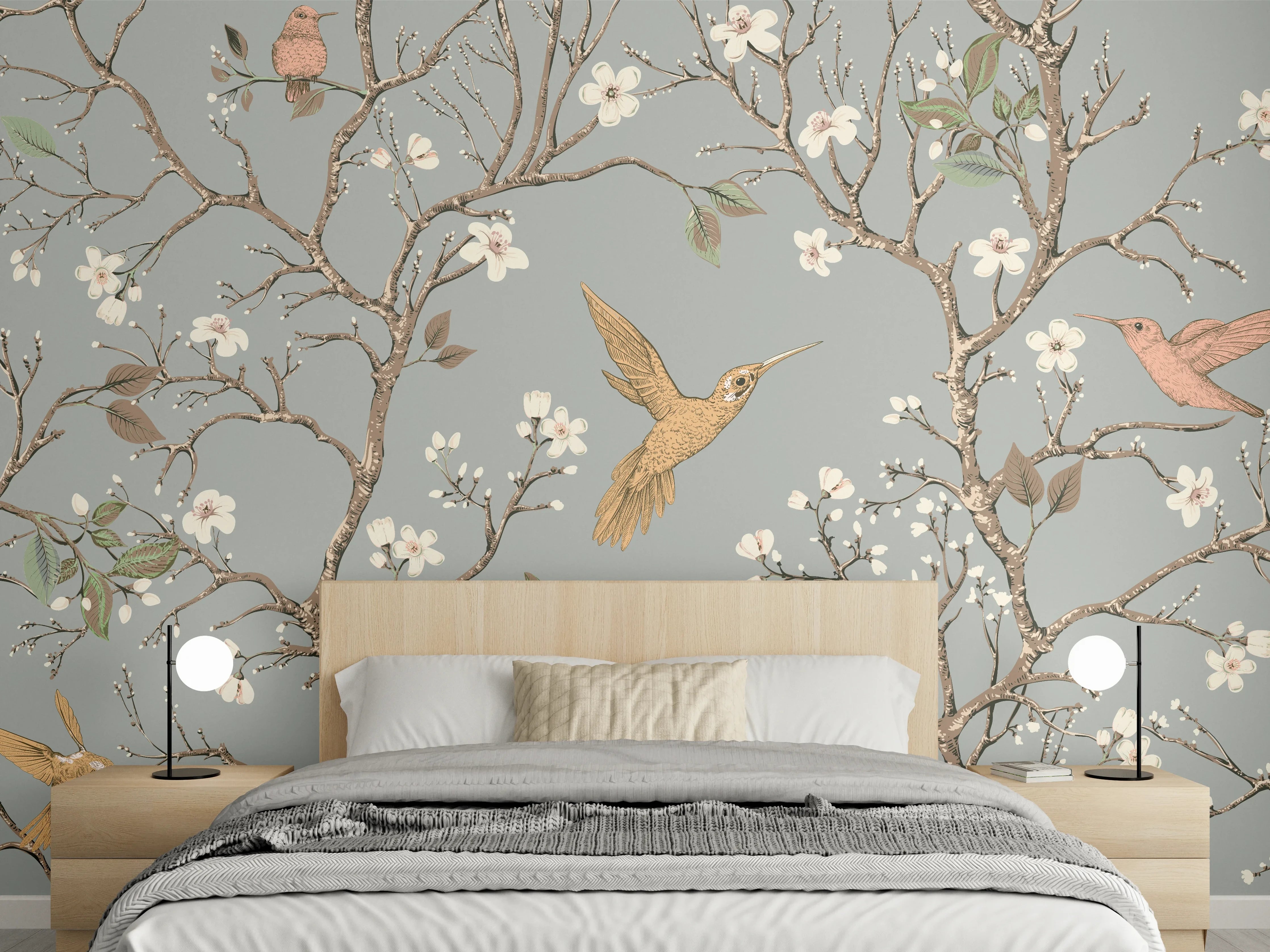 Wandverkleidung Schlafzimmer - Vögel & Blütenzweige Muster