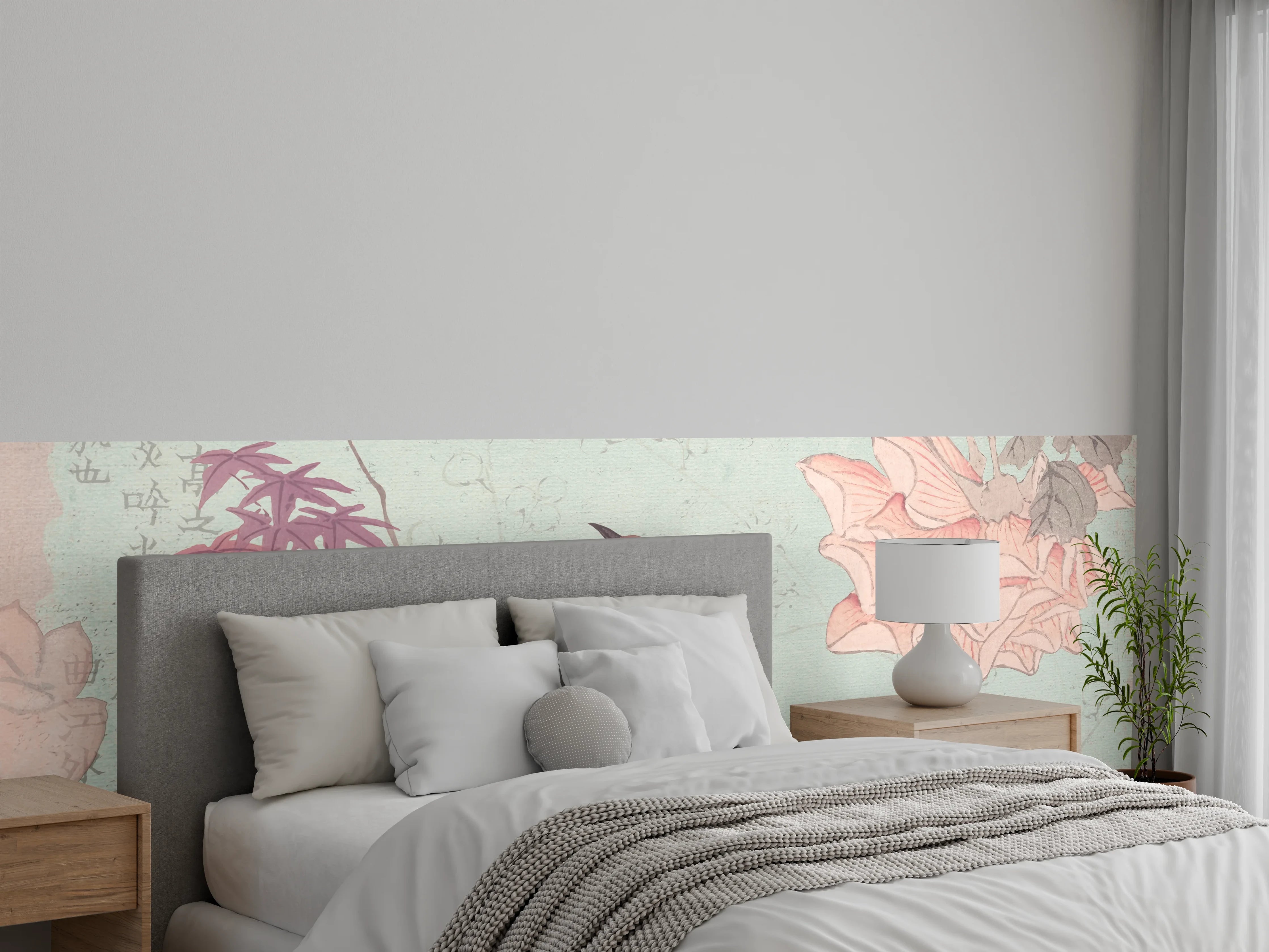 Wandverkleidung Schlafzimmer - Vogel auf Ast vor pastellfarbenem Hintergrund