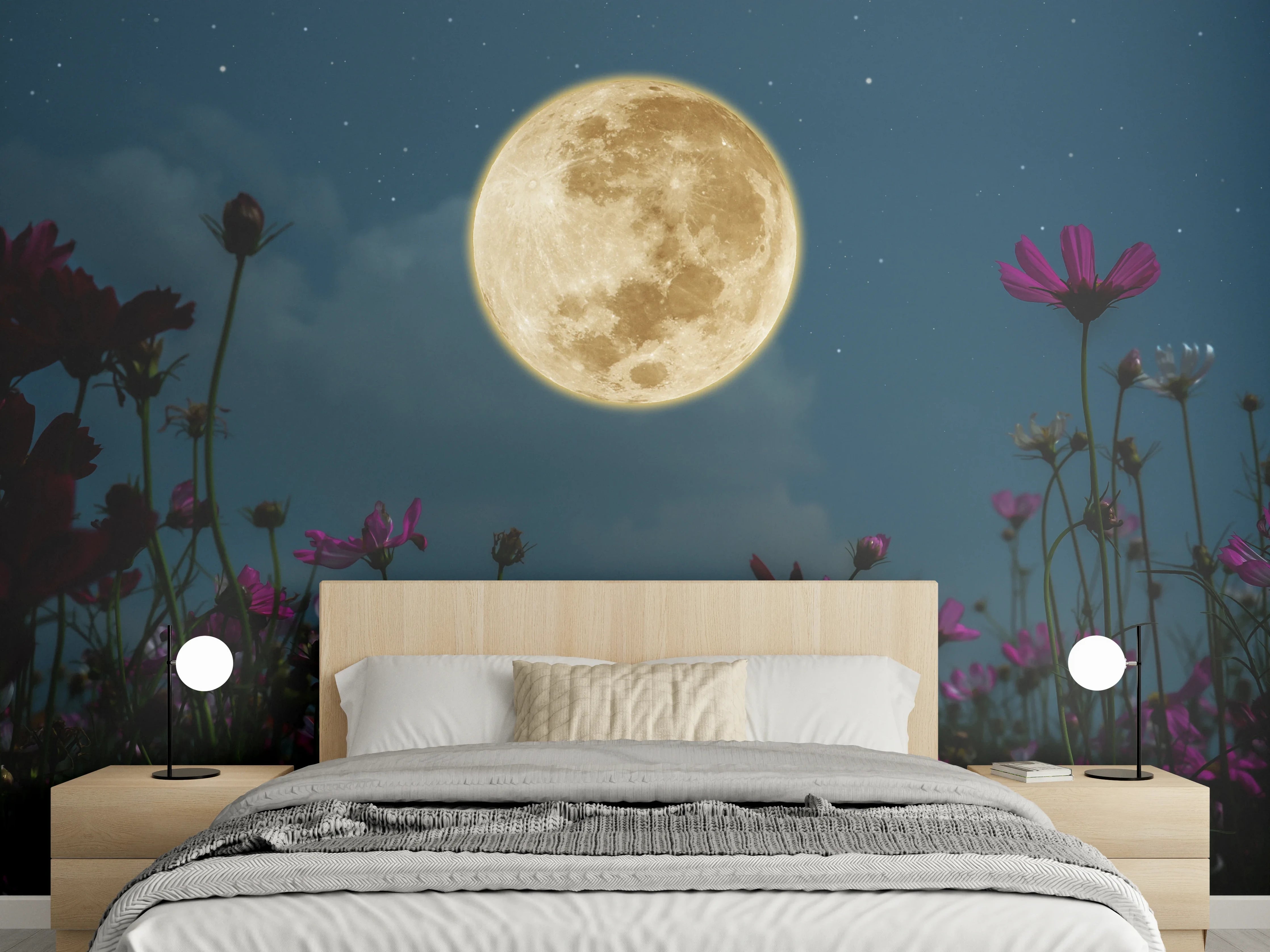 Wandverkleidung Schlafzimmer - Vollmond über blühender Blumenwiese