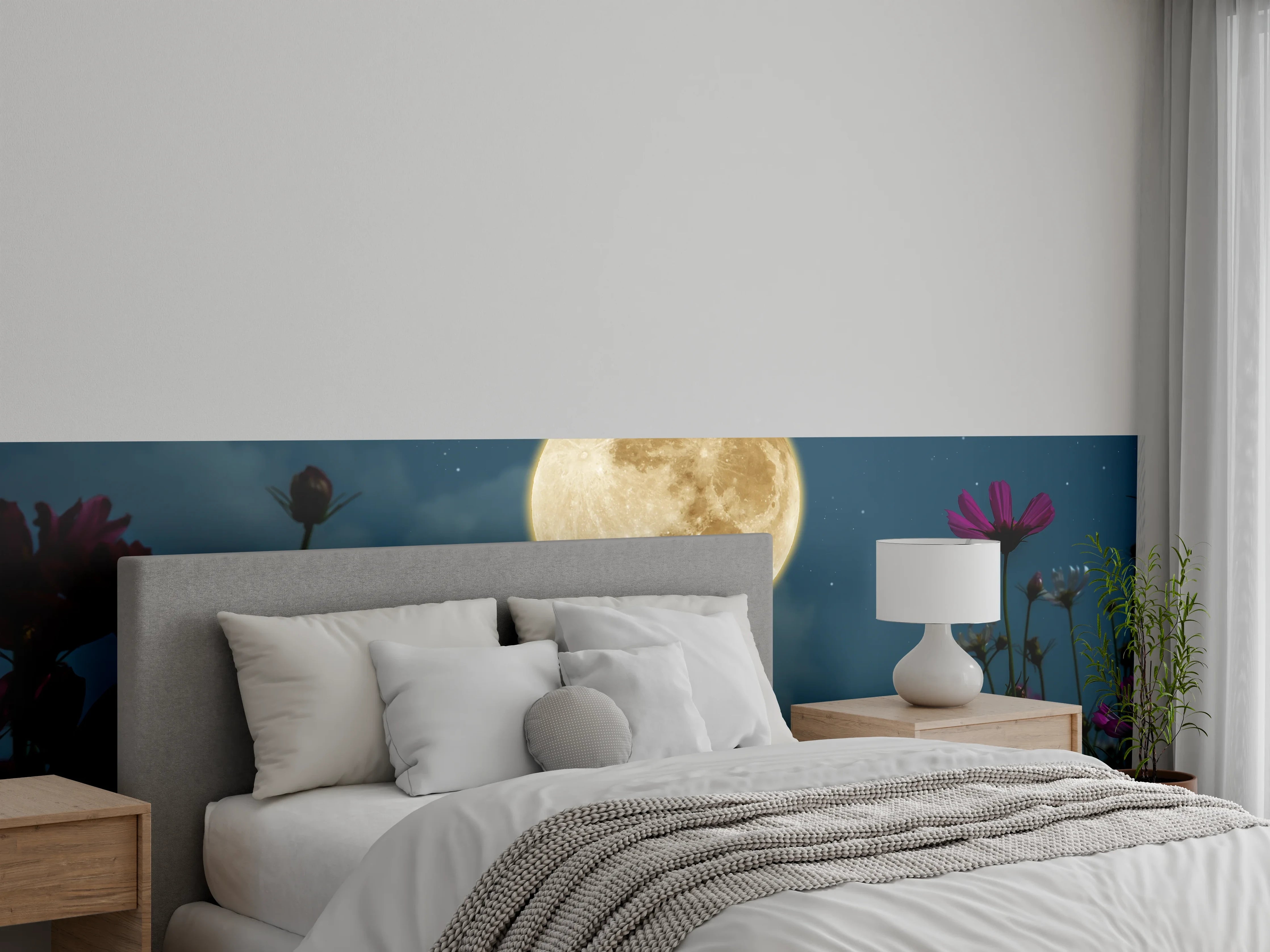 Wandverkleidung Schlafzimmer - Vollmond über blühender Blumenwiese