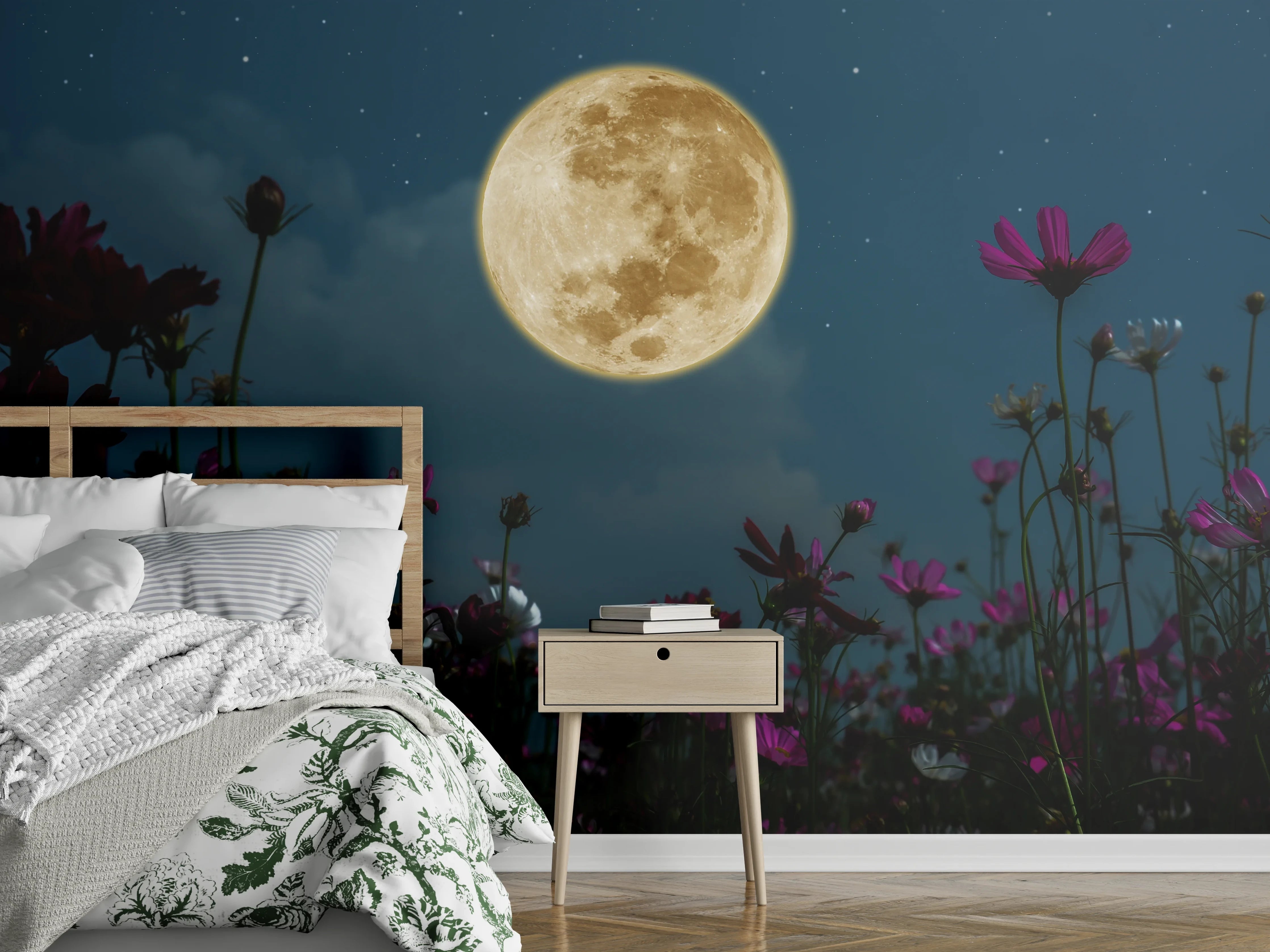 Wandverkleidung Schlafzimmer - Vollmond über blühender Blumenwiese