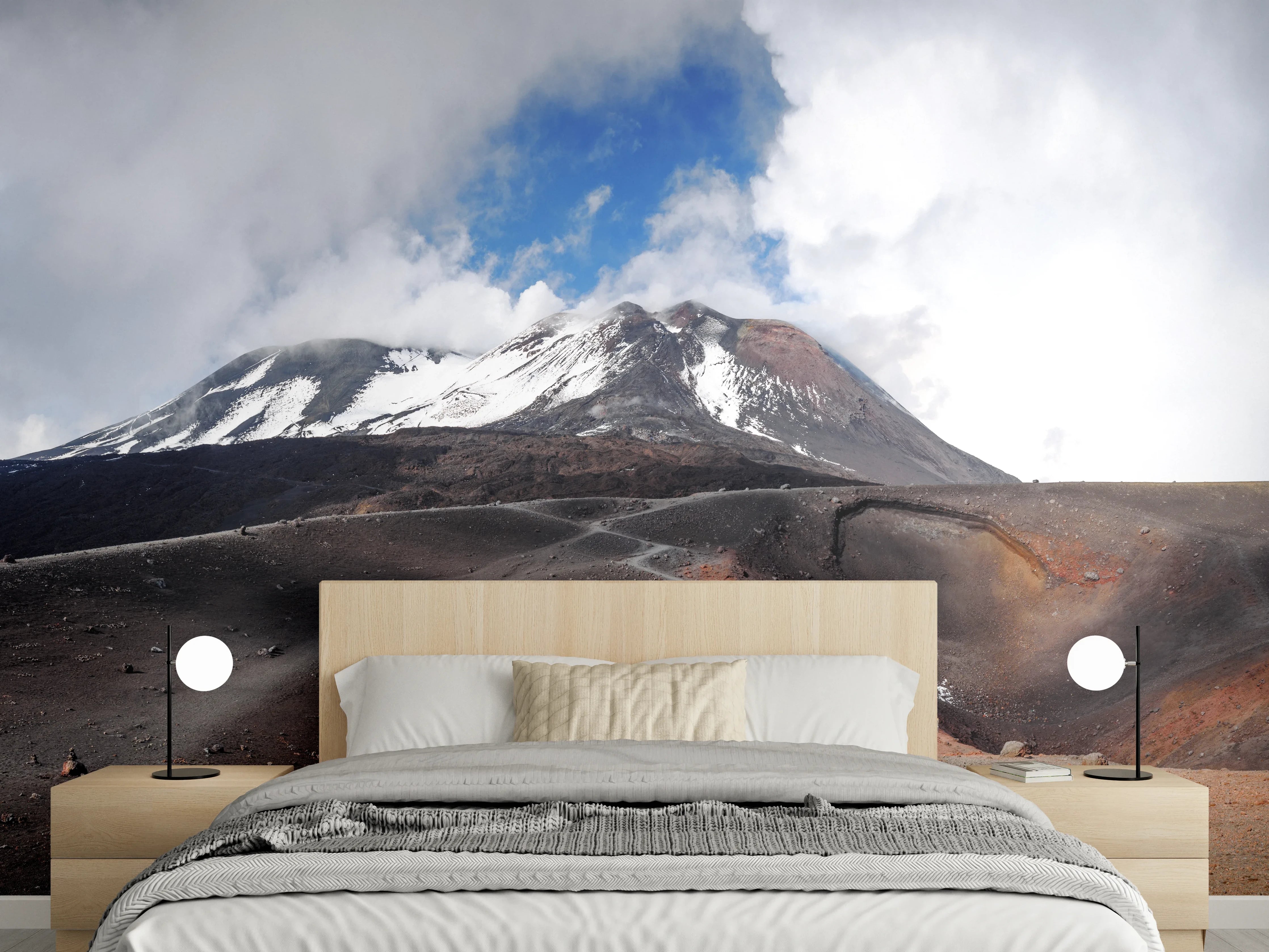 Wandverkleidung Schlafzimmer - Vulkan-Panorama Braun-Grau-Blau