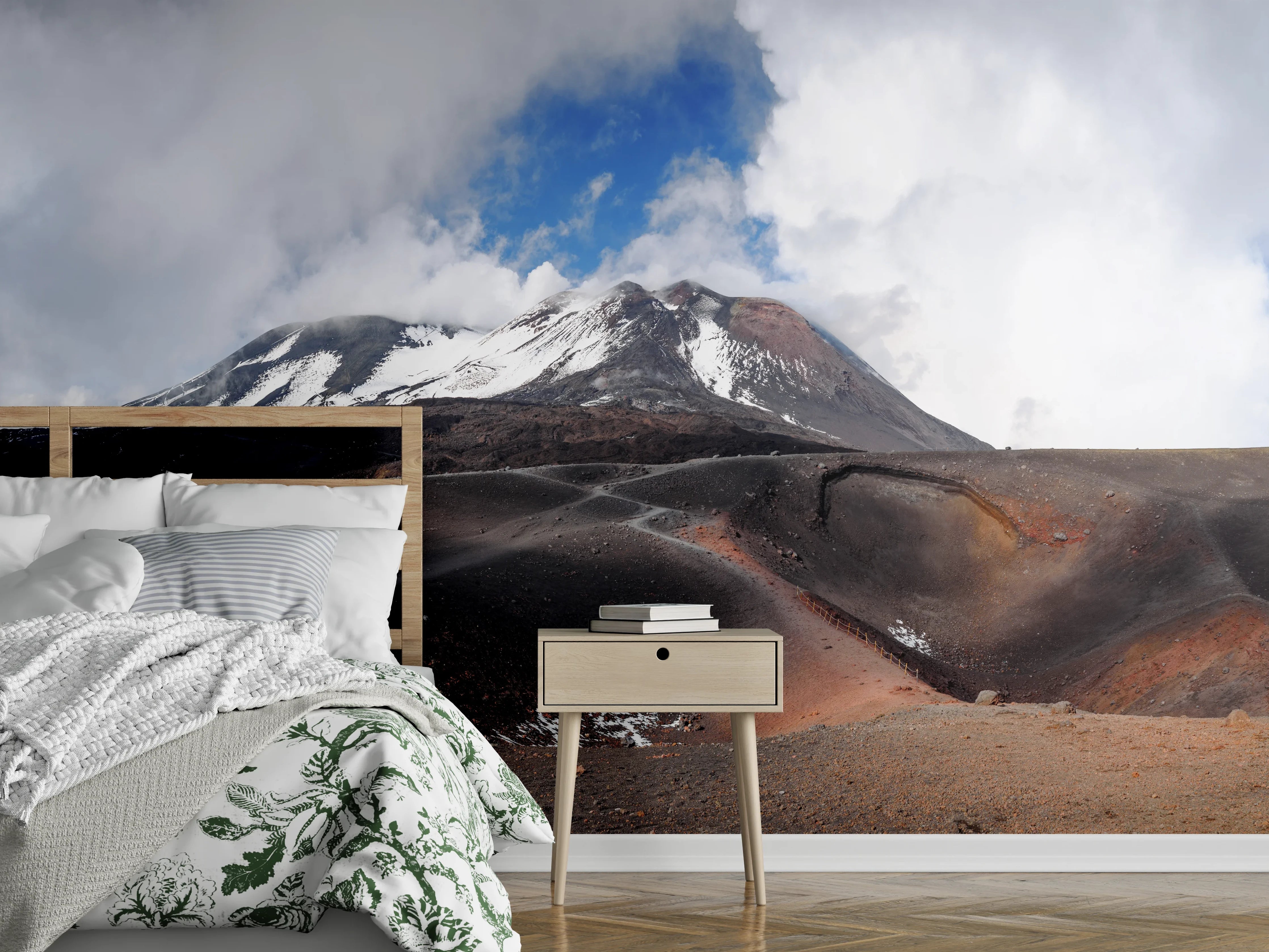 Wandverkleidung Schlafzimmer - Vulkan-Panorama Braun-Grau-Blau