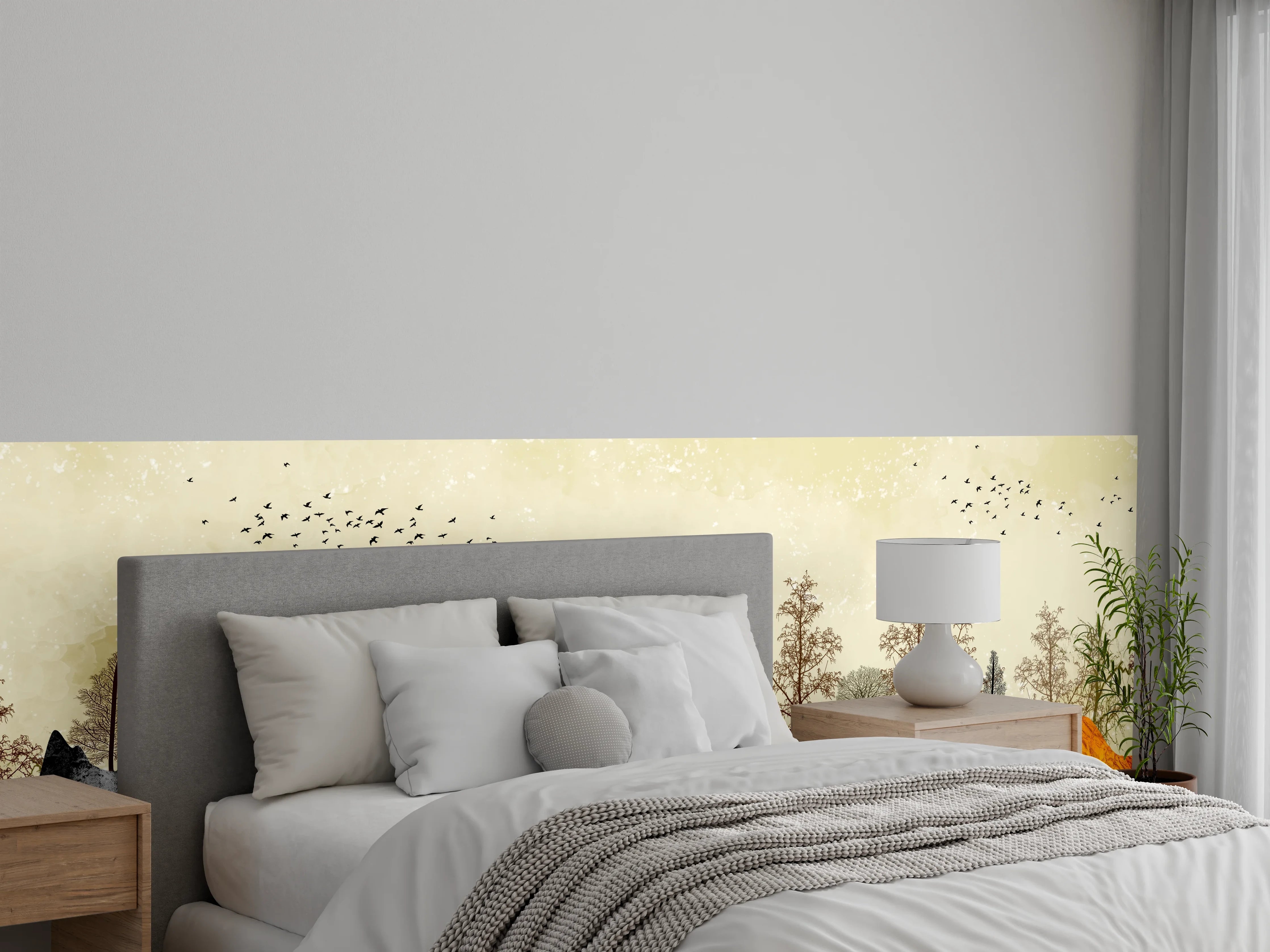 Wandverkleidung Schlafzimmer - Wald-Berglandschaft Aquarell Naturkulisse