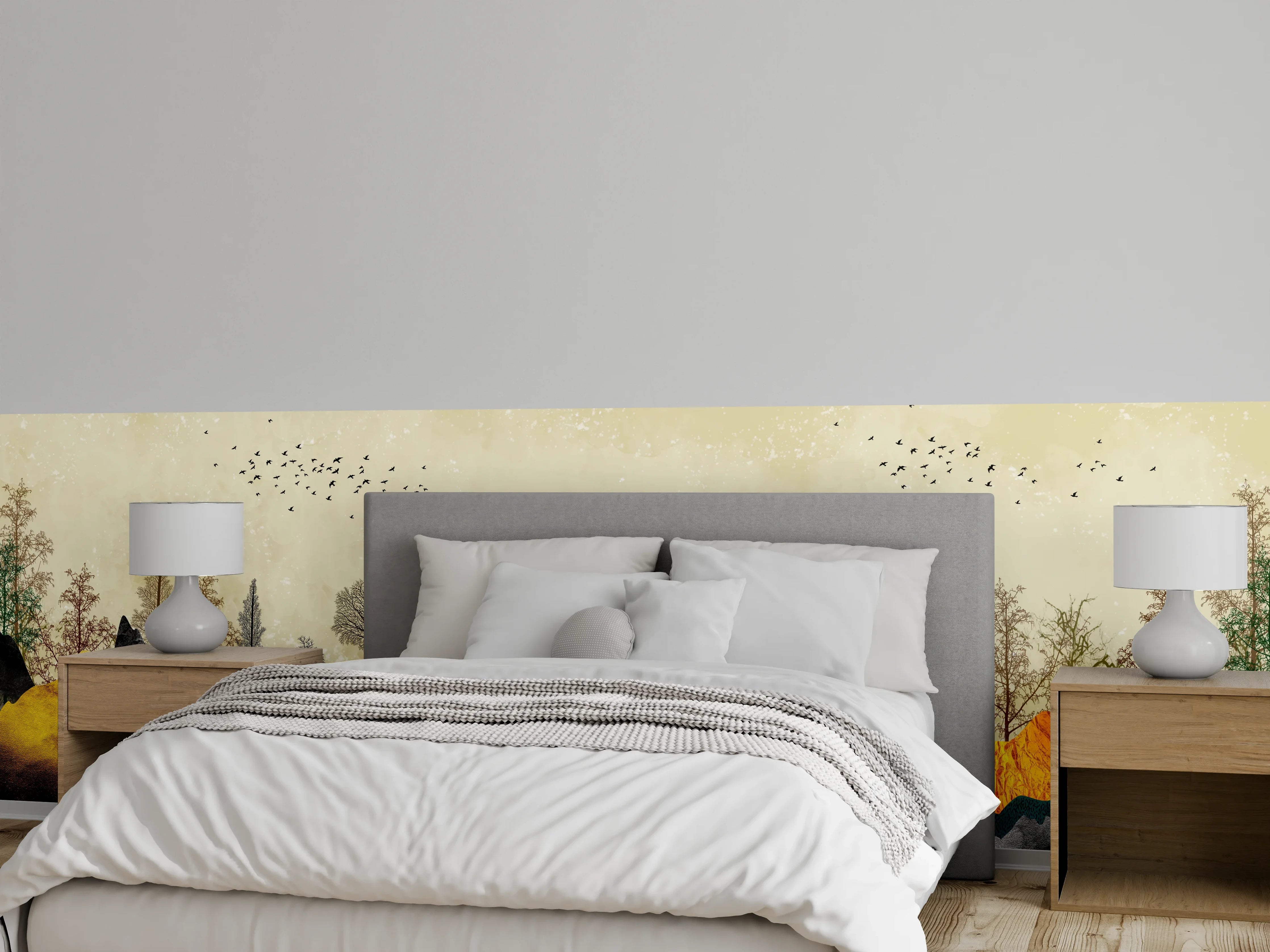 Wandverkleidung Schlafzimmer - Wald-Berglandschaft Aquarell Naturkulisse