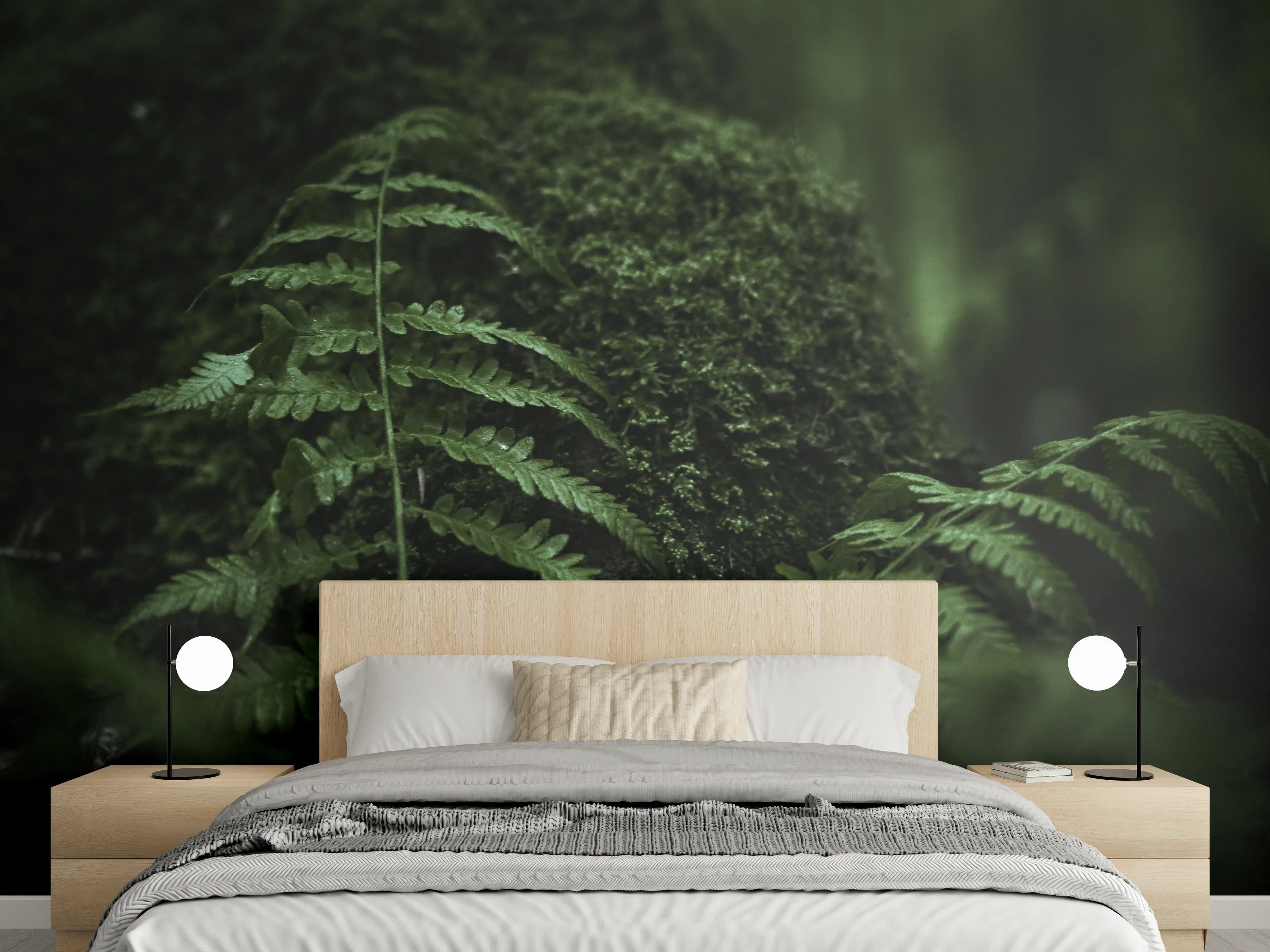 Wandverkleidung Schlafzimmer - Waldgrünes Farnblatt im Dämmerlicht