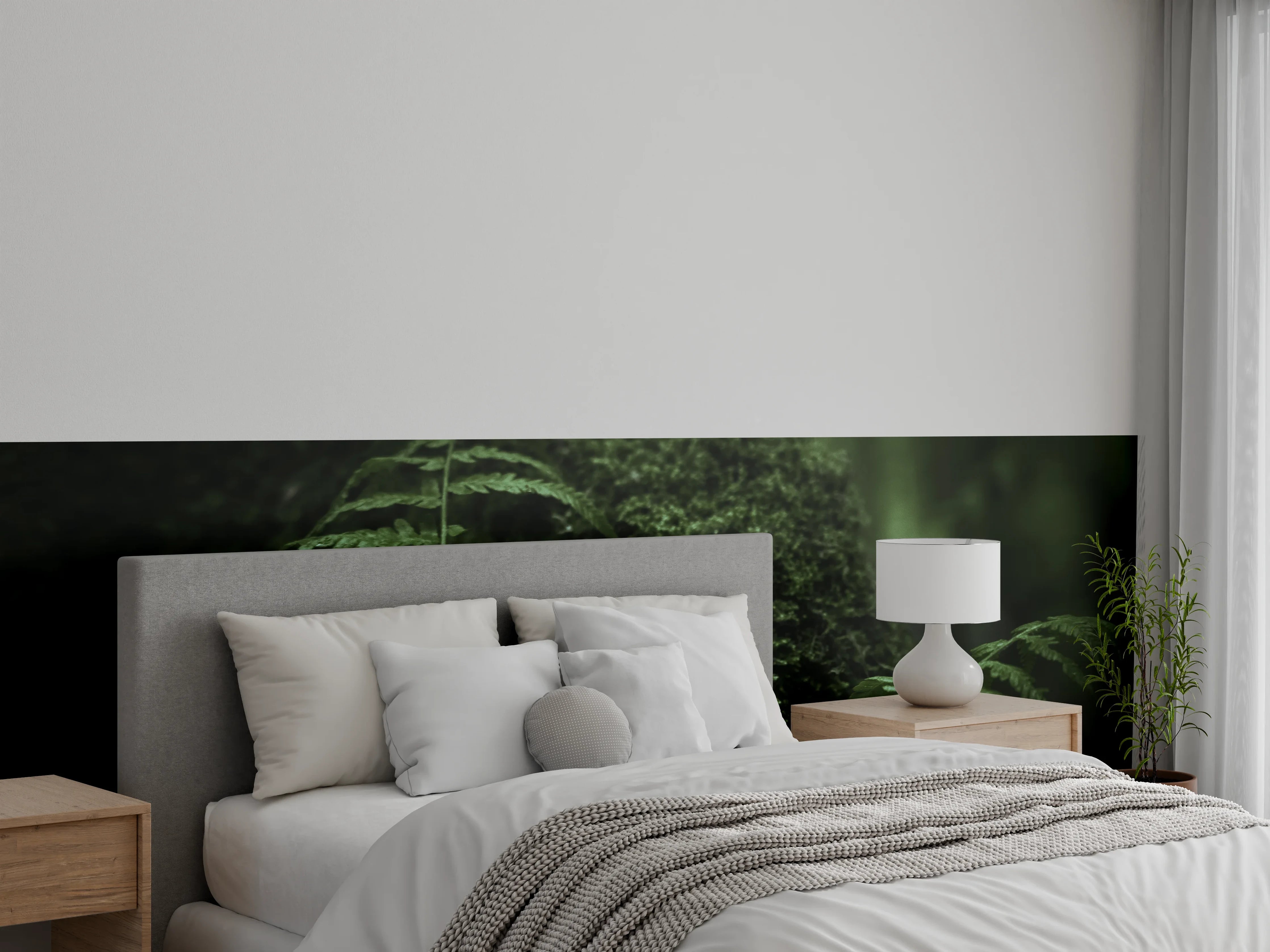 Wandverkleidung Schlafzimmer - Waldgrünes Farnblatt im Dämmerlicht