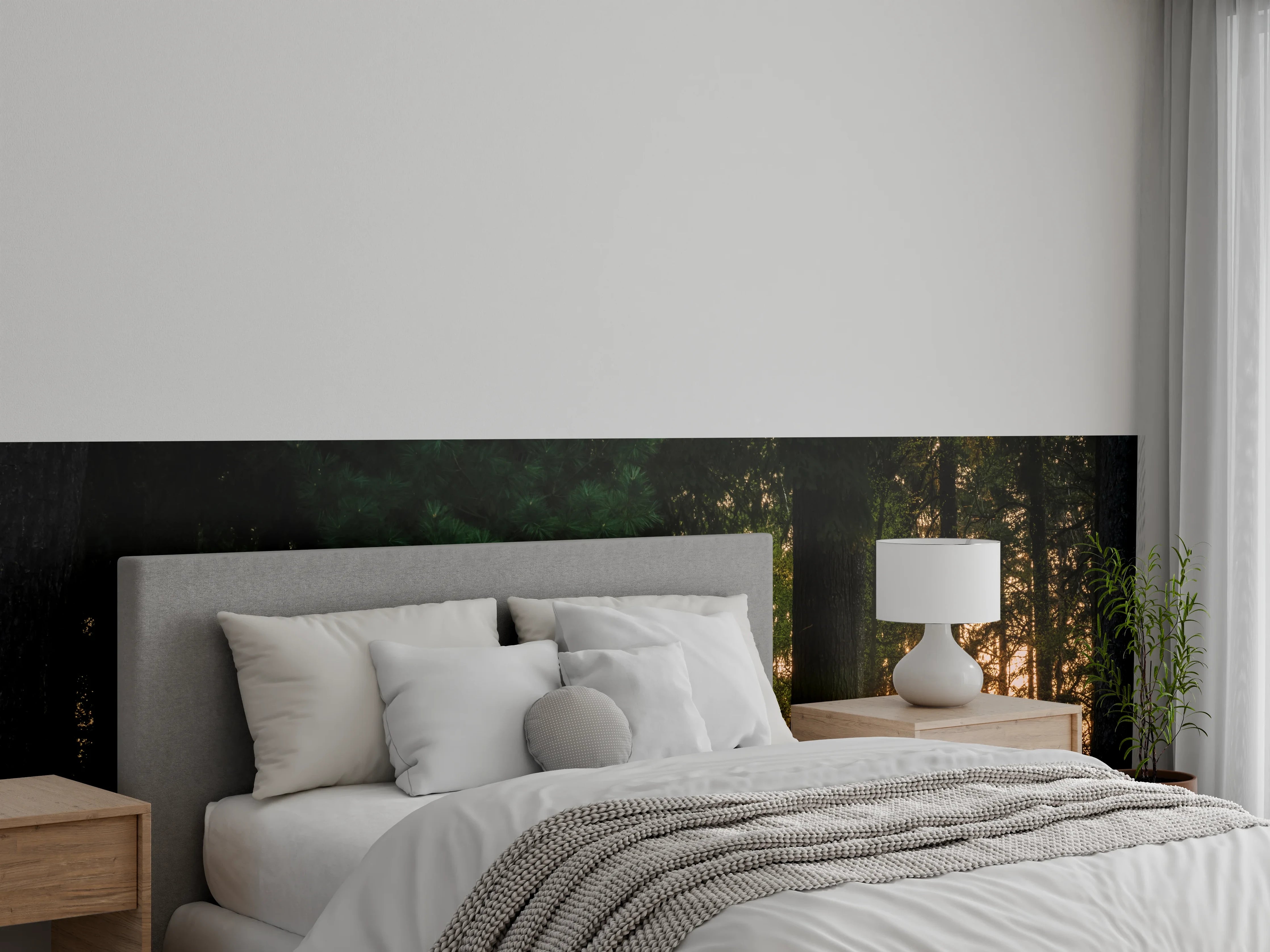 Wandverkleidung Schlafzimmer - Waldidylle Bank Sonnenuntergang Wandbild
