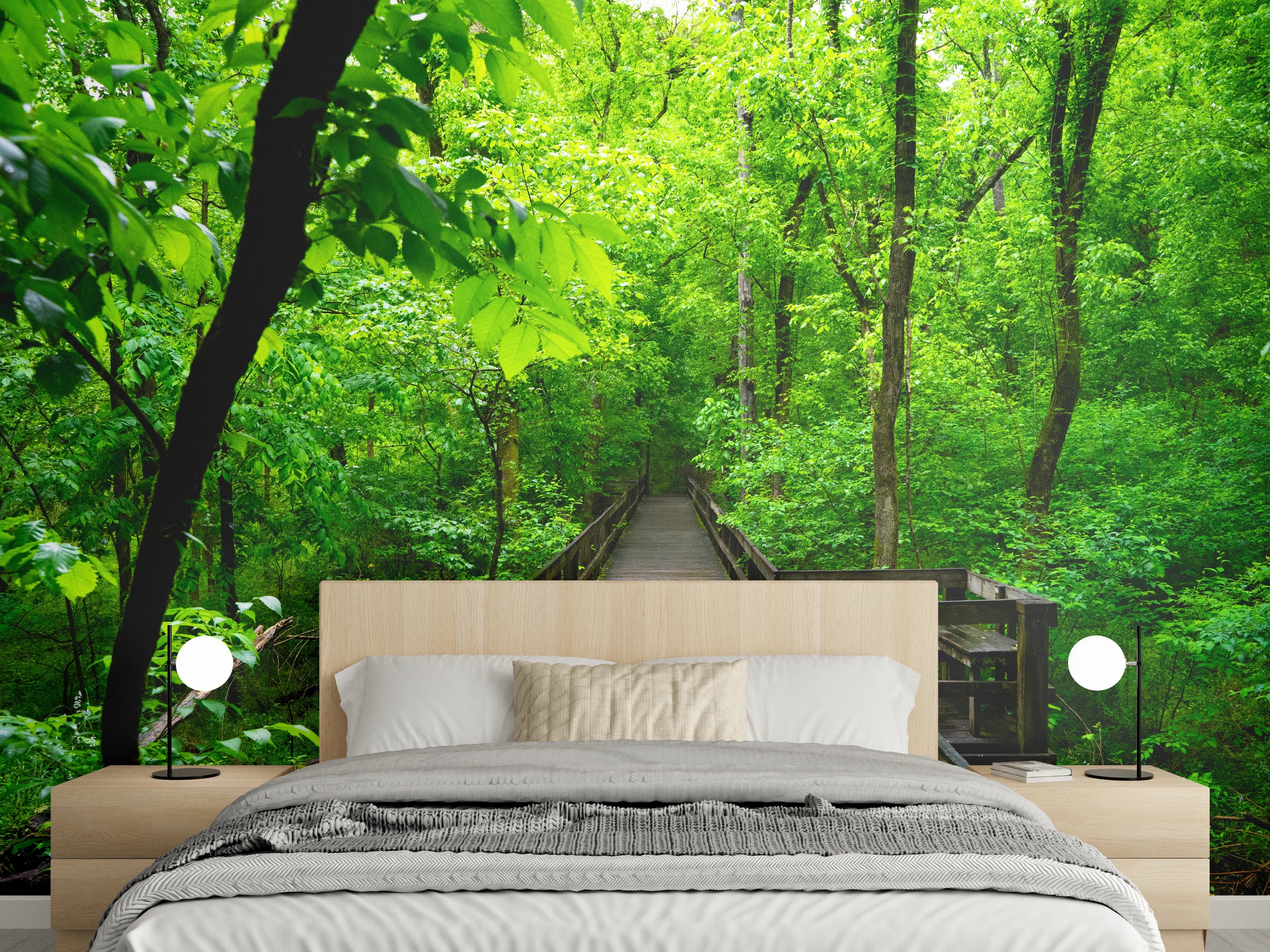 Wandverkleidung Schlafzimmer - Waldweg Natur Holzgrün Wandbild