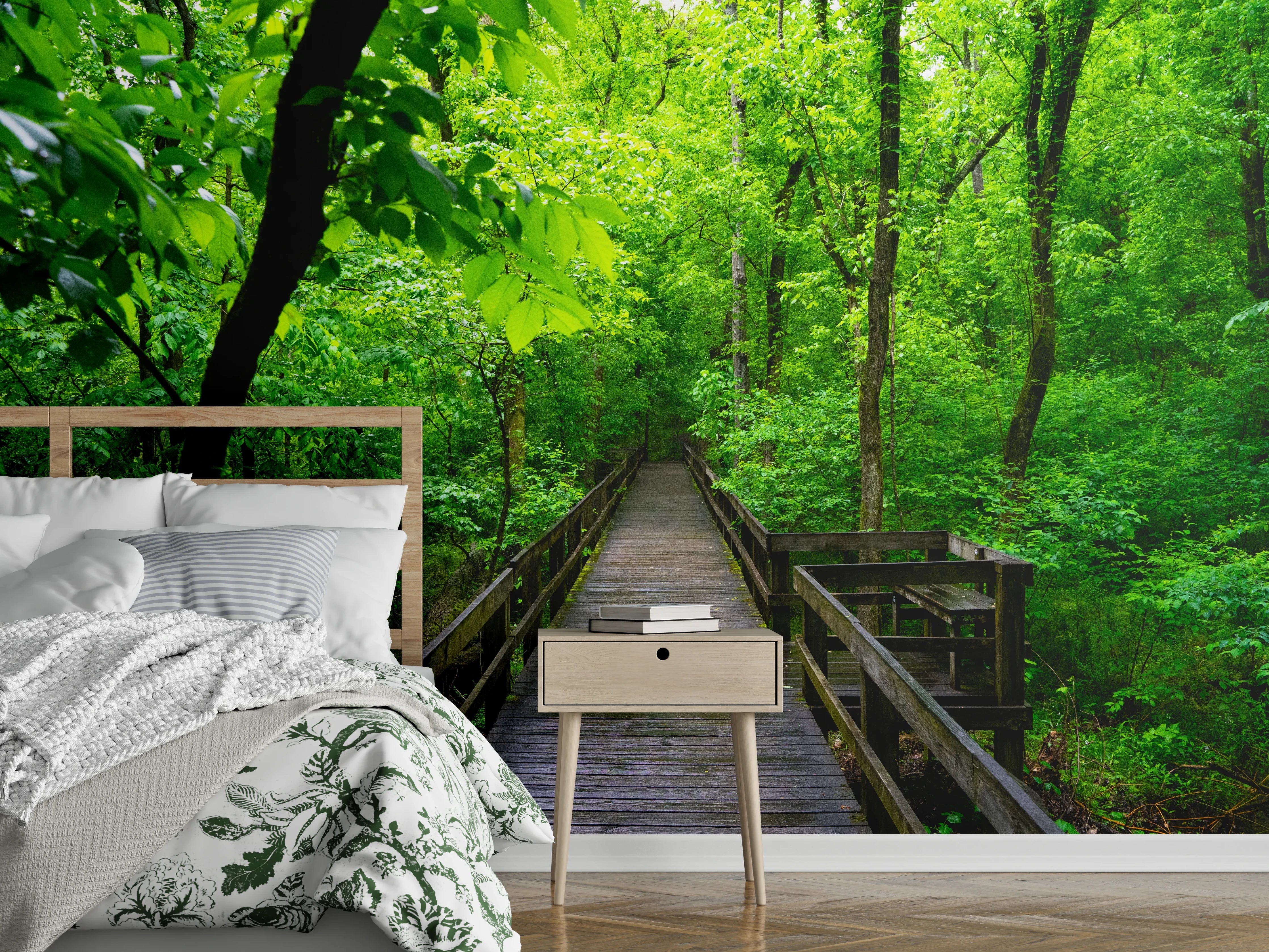 Wandverkleidung Schlafzimmer - Waldweg Natur Holzgrün Wandbild