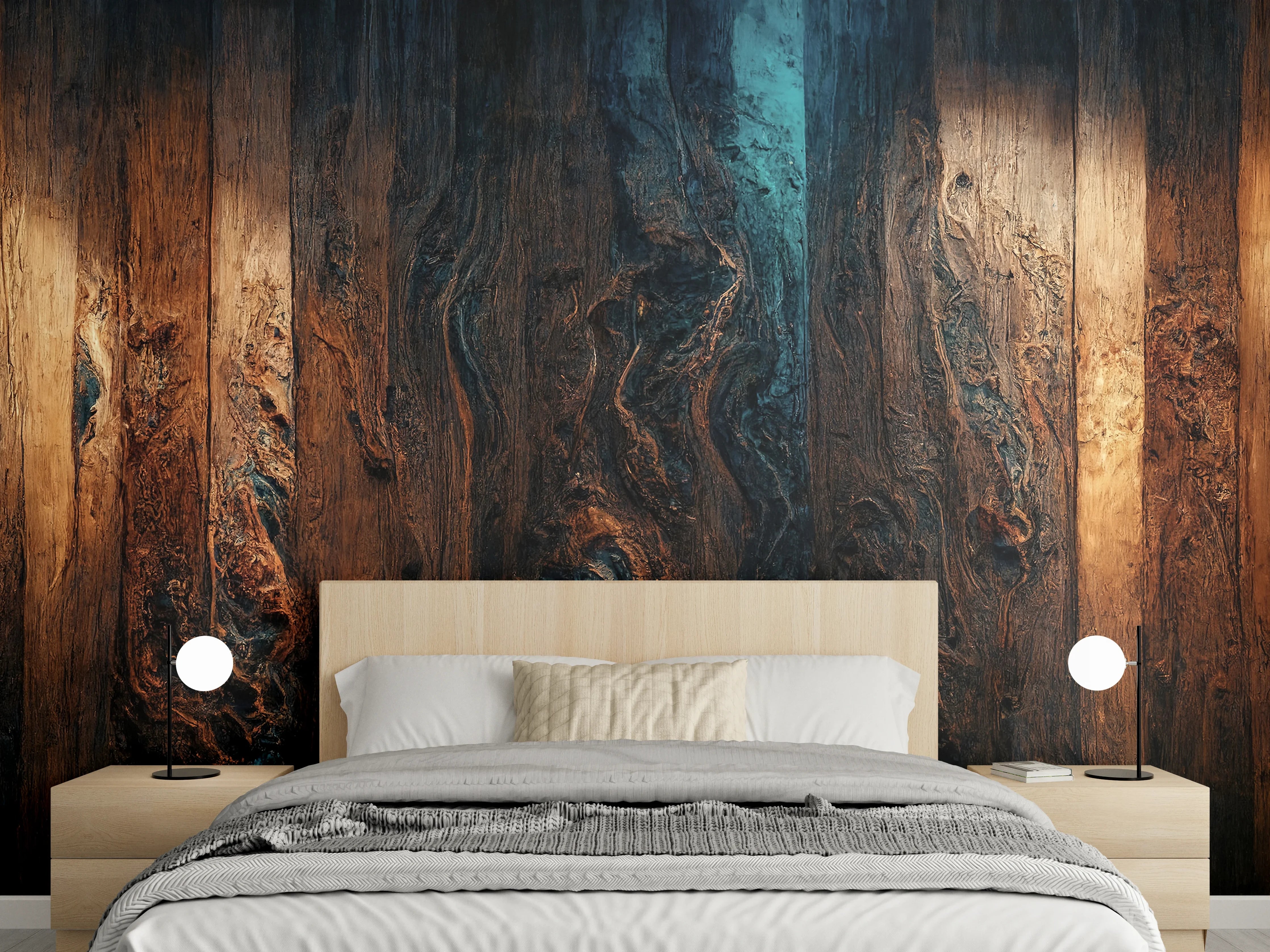 Wandverkleidung Schlafzimmer - Warme Holzmaserung mit dunklen Akzenten