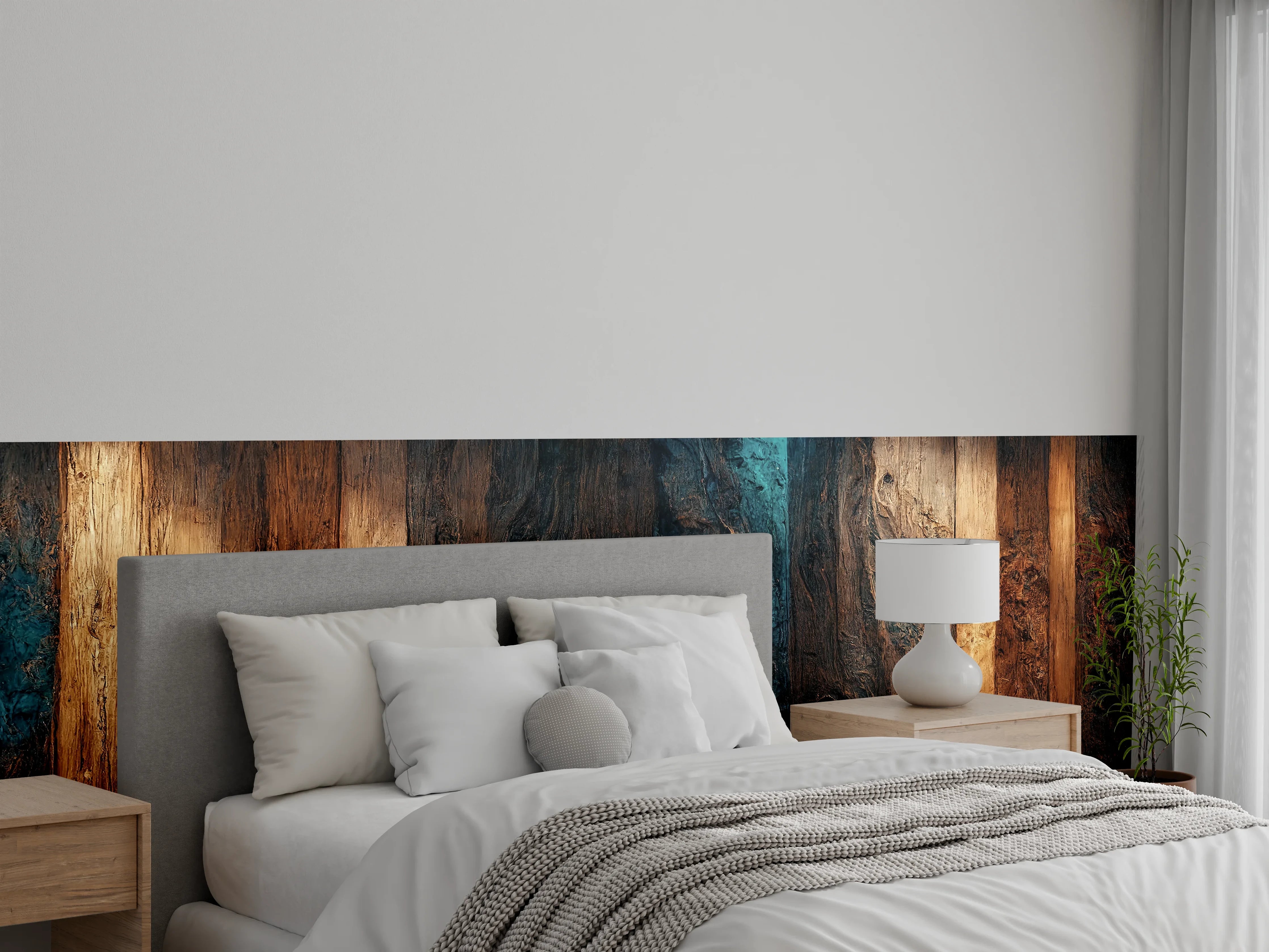 Wandverkleidung Schlafzimmer - Warme Holzmaserung mit dunklen Akzenten