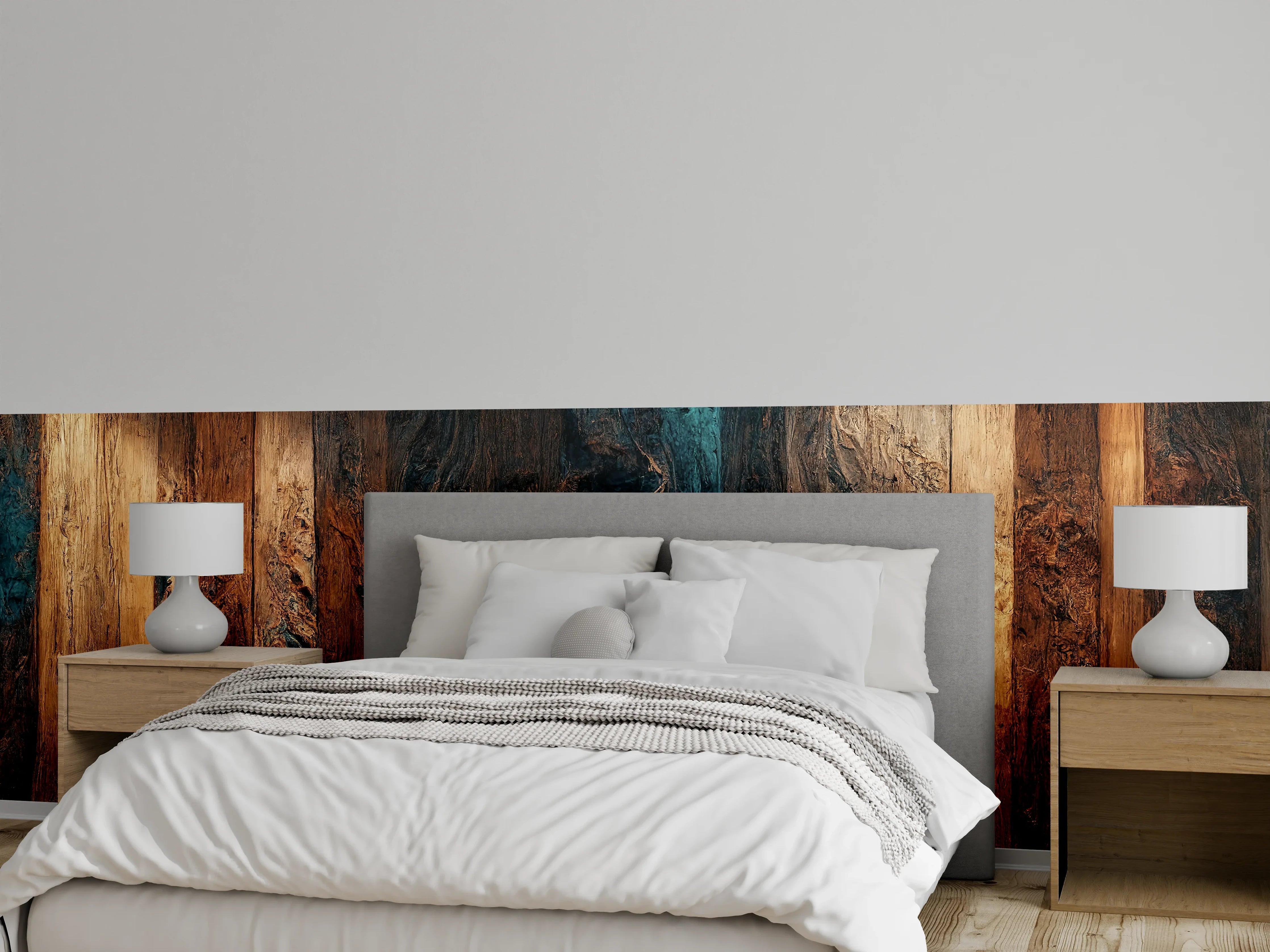 Wandverkleidung Schlafzimmer - Warme Holzmaserung mit dunklen Akzenten