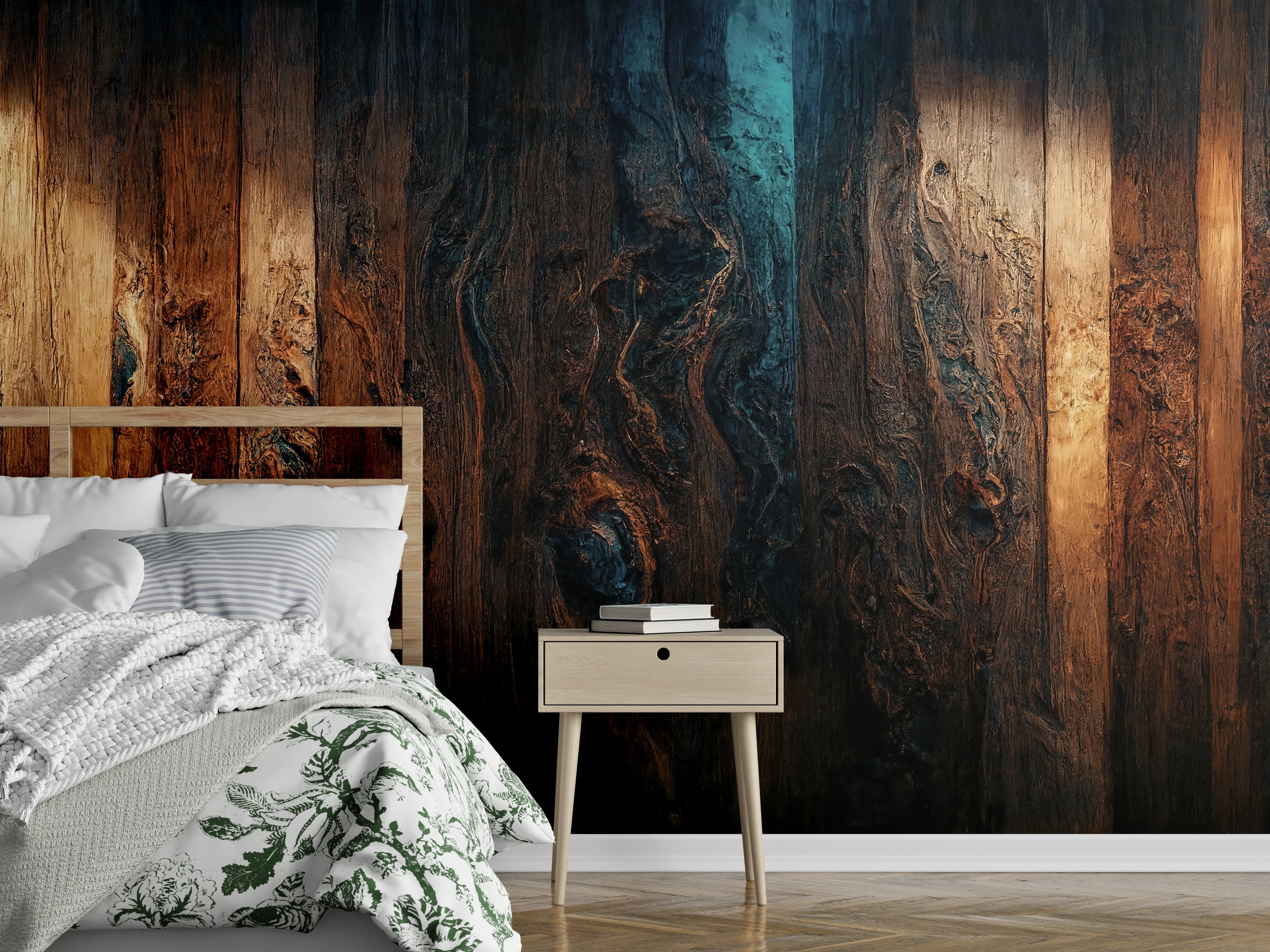 Wandverkleidung Schlafzimmer - Warme Holzmaserung mit dunklen Akzenten