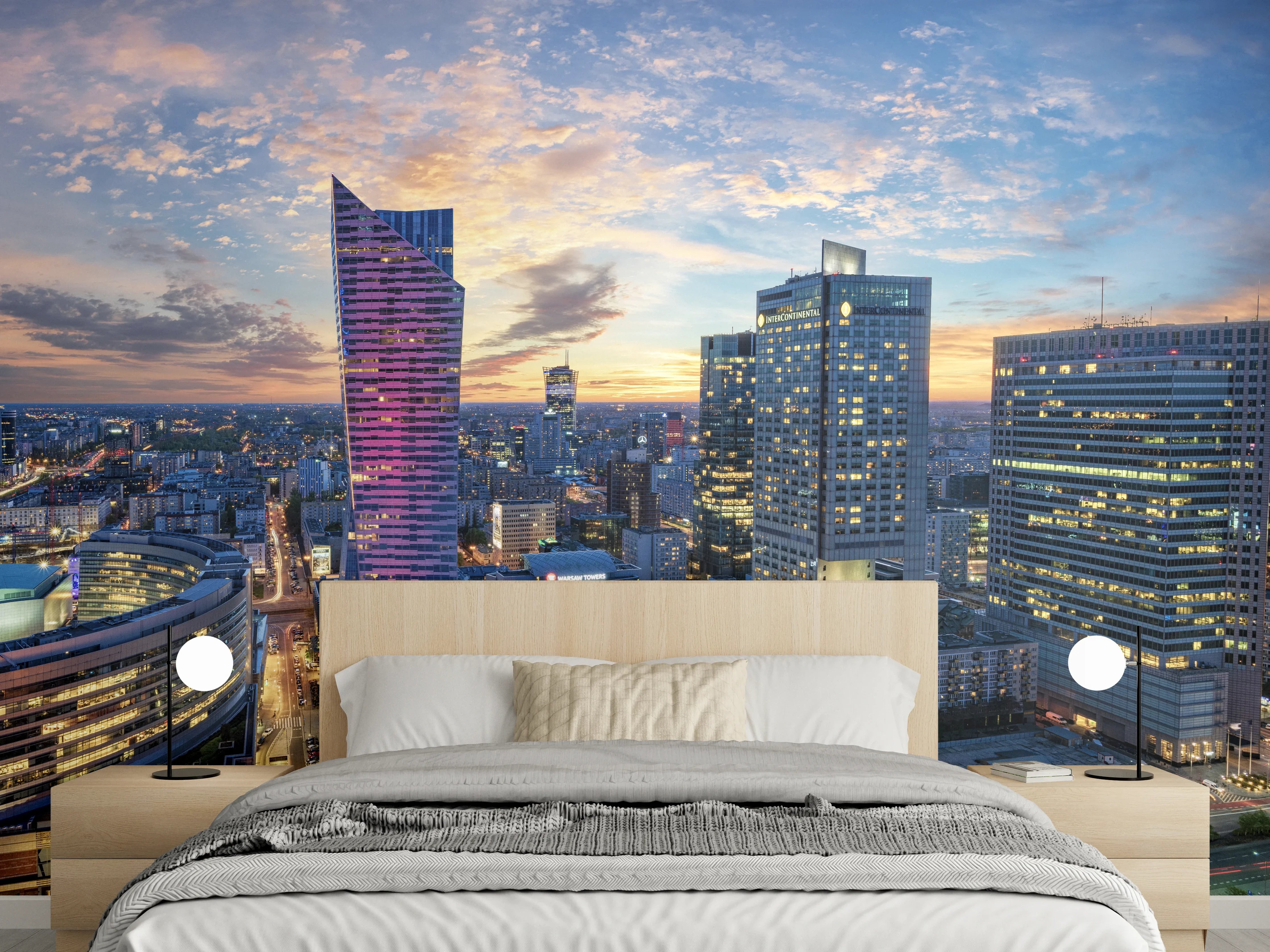 Wandverkleidung Schlafzimmer - Warschau mit modernen Wolkenkratzer bei Sonnenuntergang