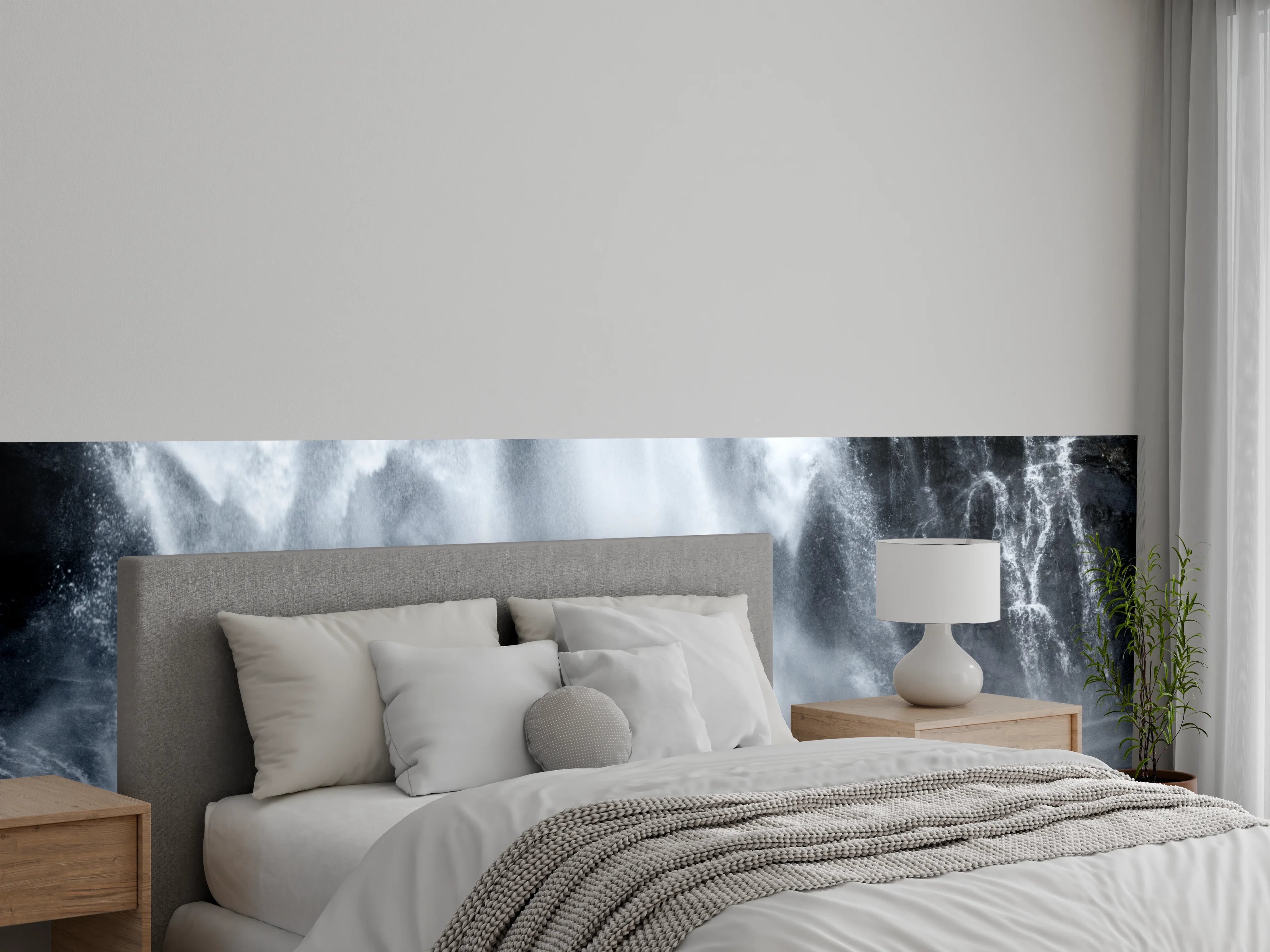 Wandverkleidung Schlafzimmer - Wasserfall Natur pur Grau Weiß
