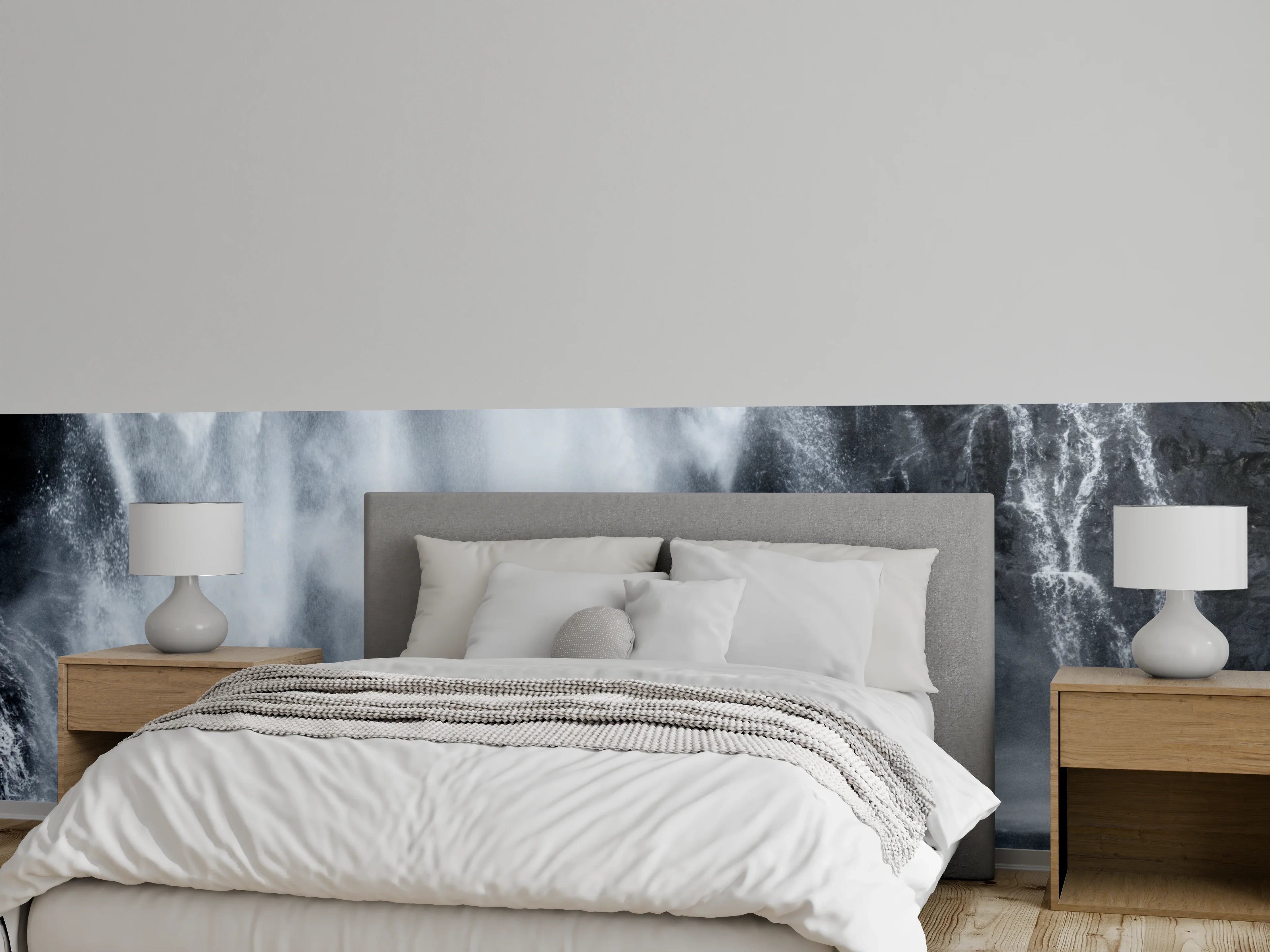 Wandverkleidung Schlafzimmer - Wasserfall Natur pur Grau Weiß