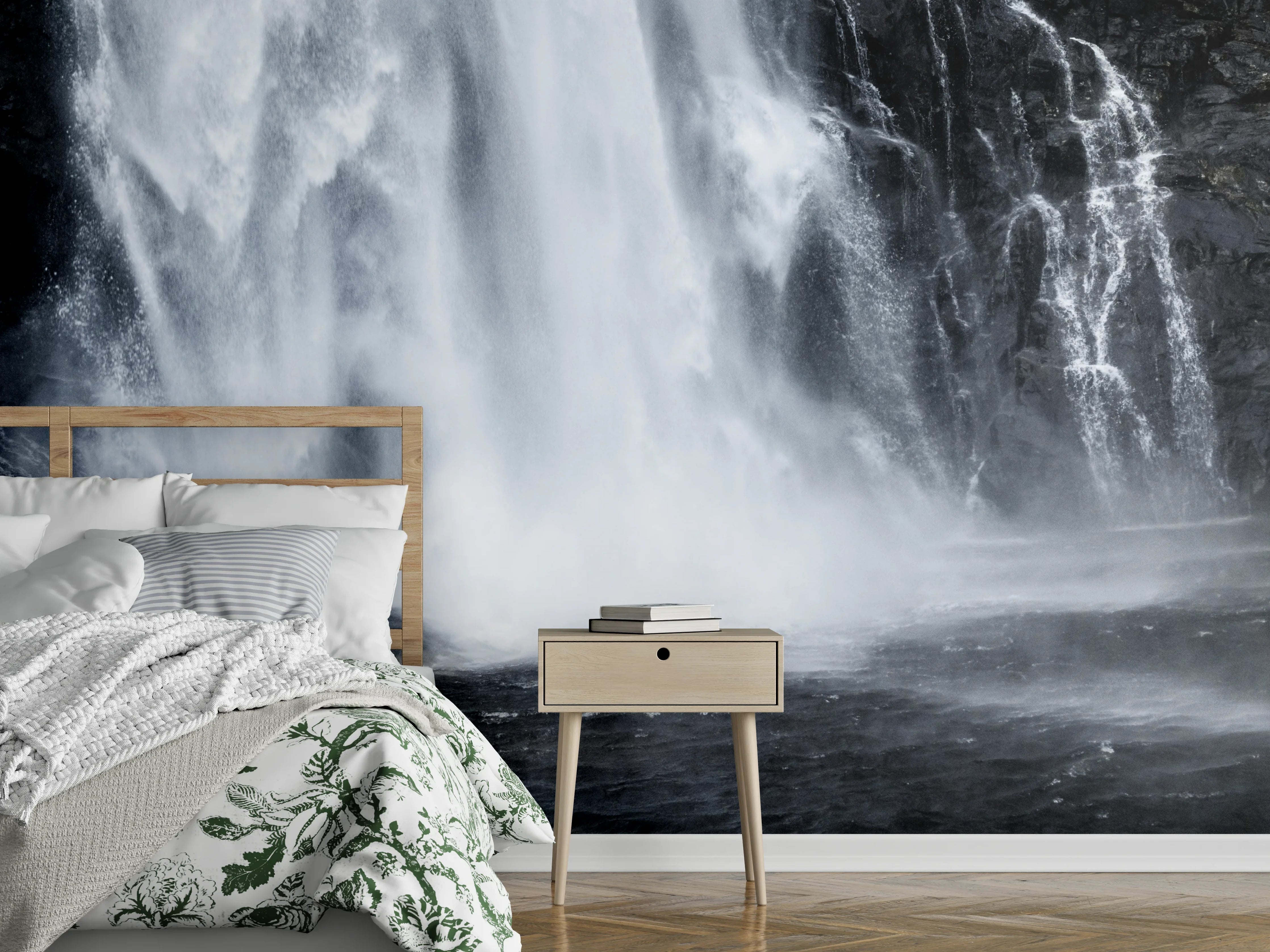 Wandverkleidung Schlafzimmer - Wasserfall Natur pur Grau Weiß