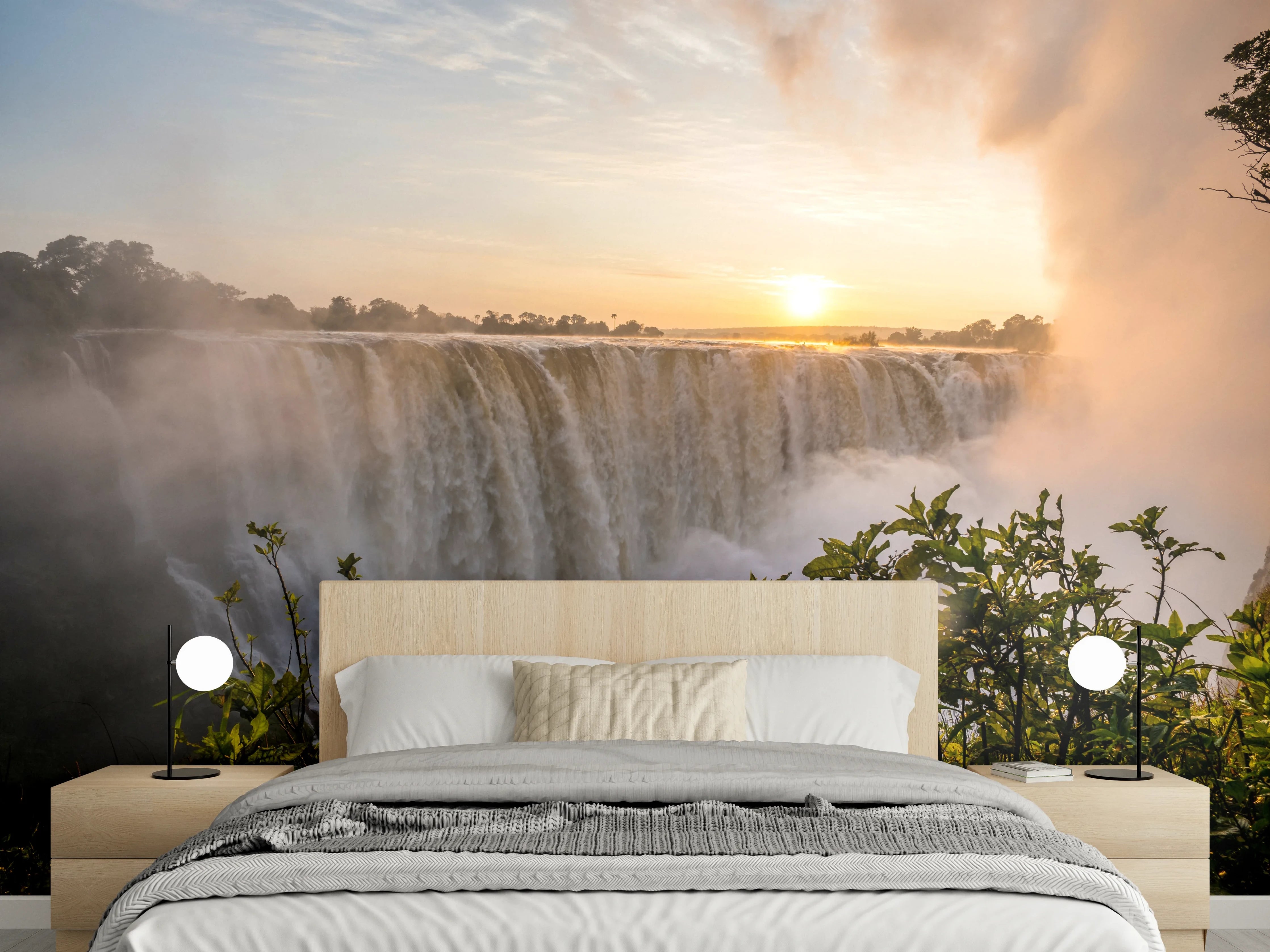 Wandverkleidung Schlafzimmer - Wasserfall bei Sonnenuntergang Naturmotiv