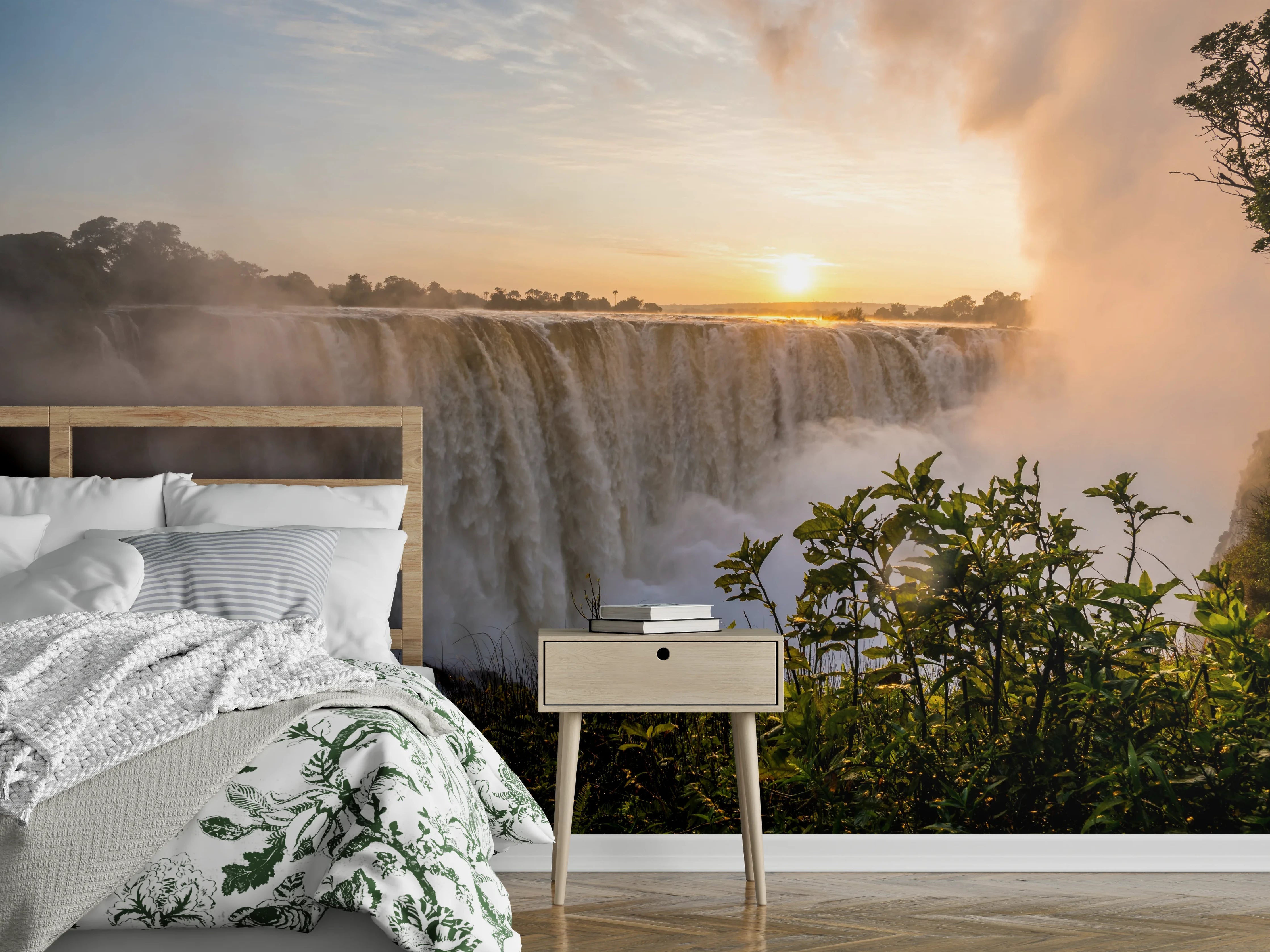 Wandverkleidung Schlafzimmer - Wasserfall bei Sonnenuntergang Naturmotiv